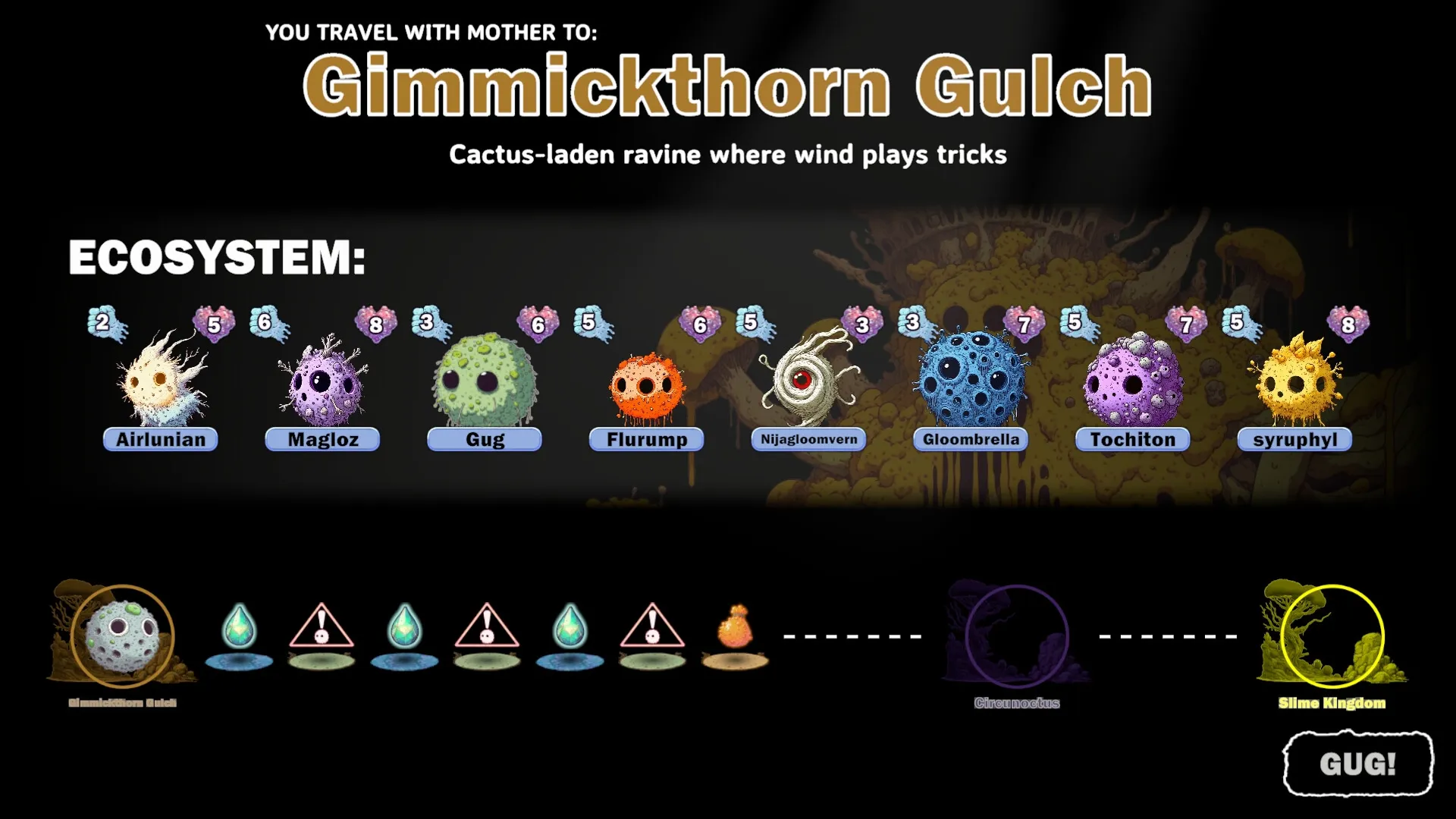 GUG: Creature selection in Gimmickthorn Gulch with various creatures and ecosystem stats displayed