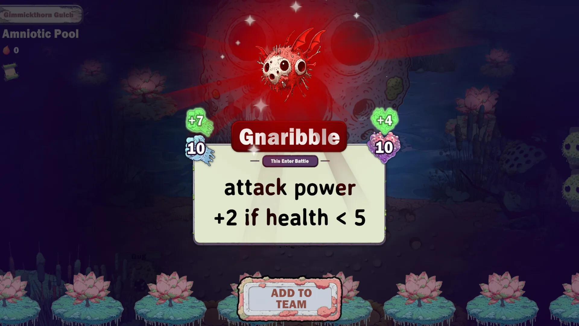 GUG: Gnaribble creature stats and ability description in a dark, aquatic environment with lotus flowers