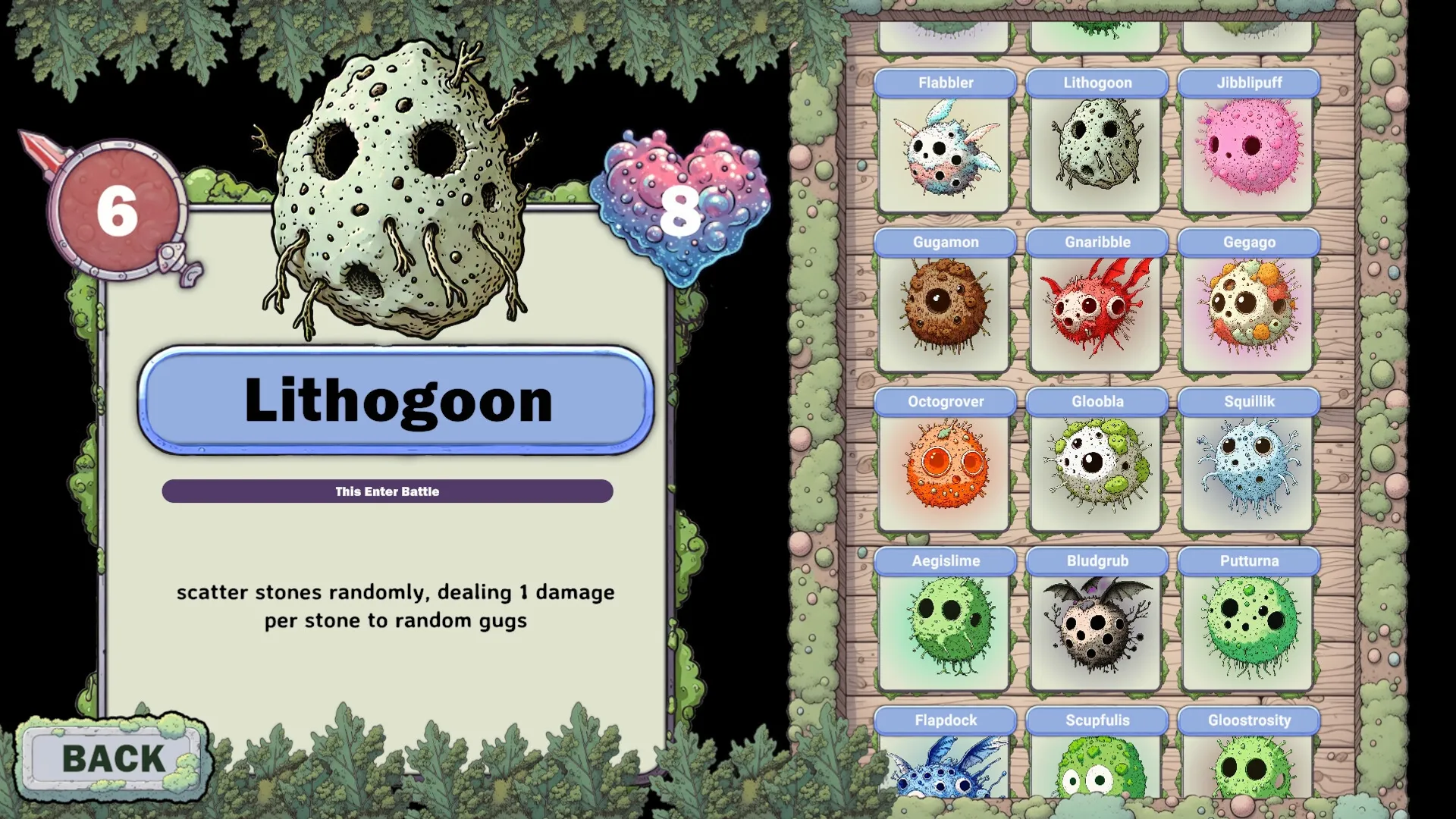GUG: Lithogoon creature details panel with ability description, surrounded by various creature icons