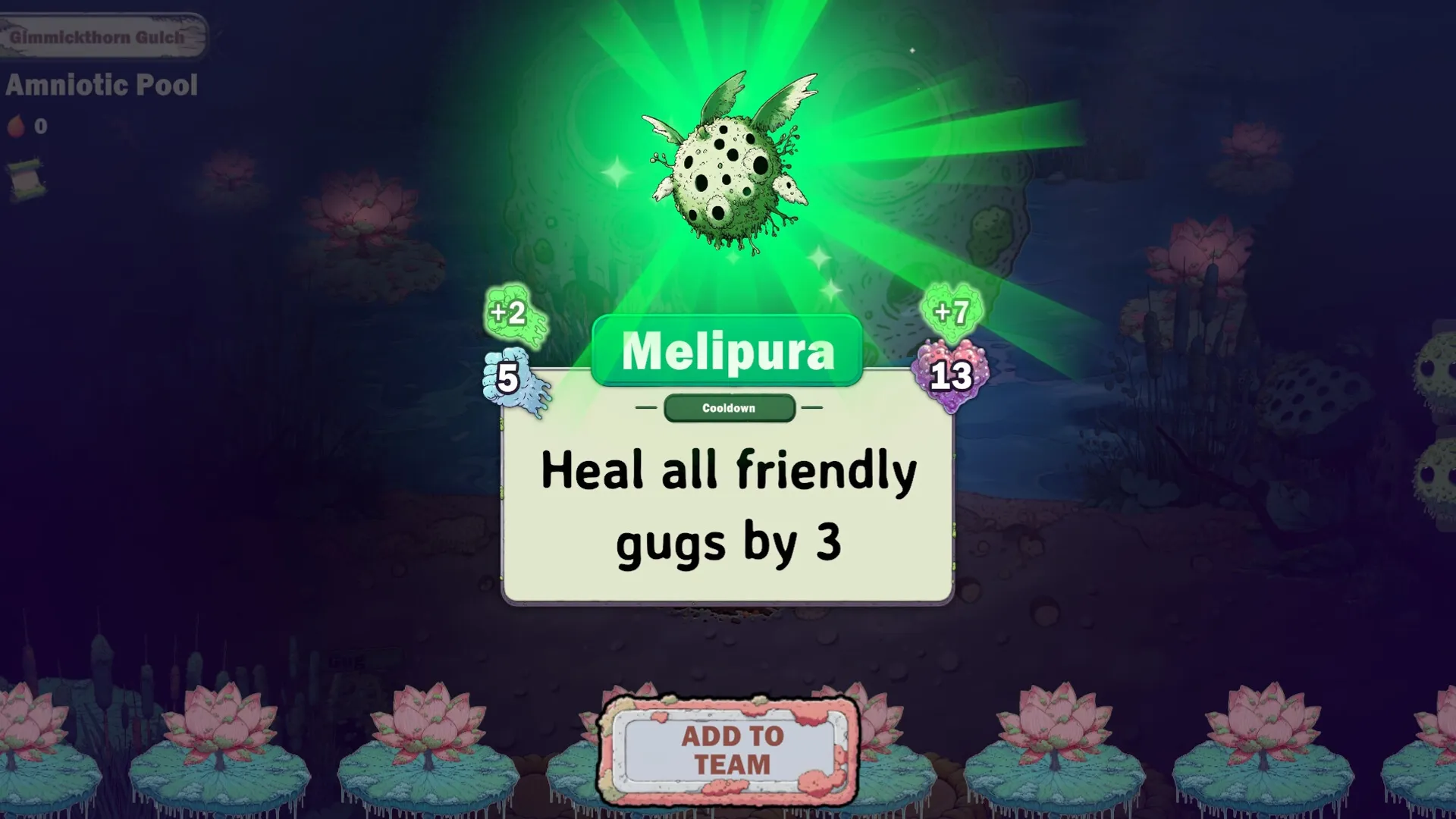 GUG: Melipura ability card displayed, healing all friendly gugs in a dark, mystical swamp environment