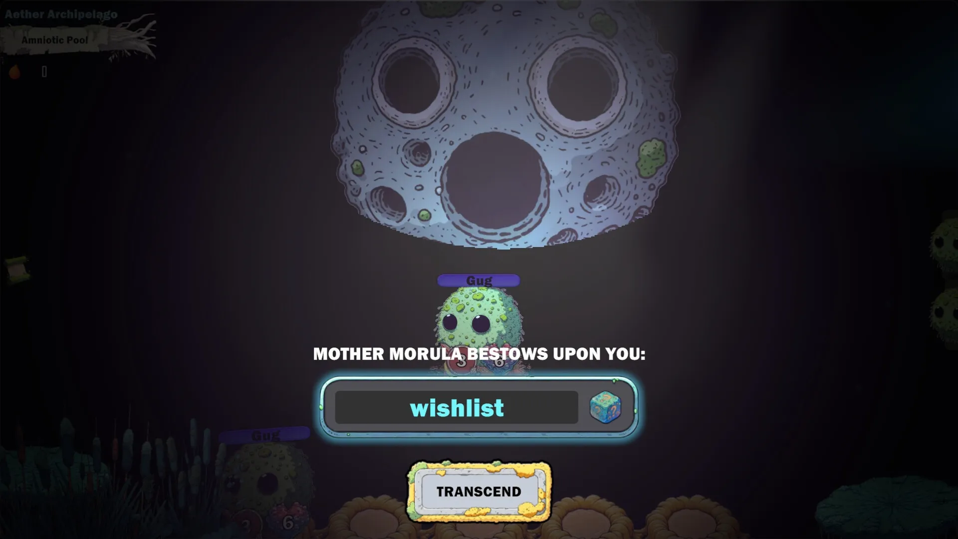 GUG: Creature Gug receives a reward from Mother Morula in a dark, mysterious environment.