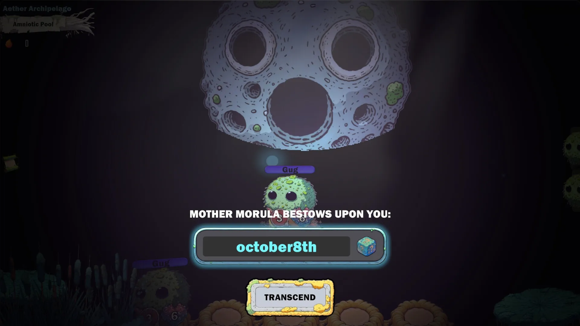 GUG: Mother Morula bestows "october8th" power on Gug character in a dark cosmic environment.
