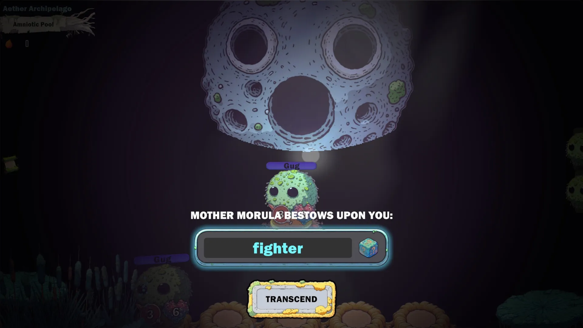 GUG: Creature named Gug receives a "fighter" role under a celestial entity in a dark cave setting.