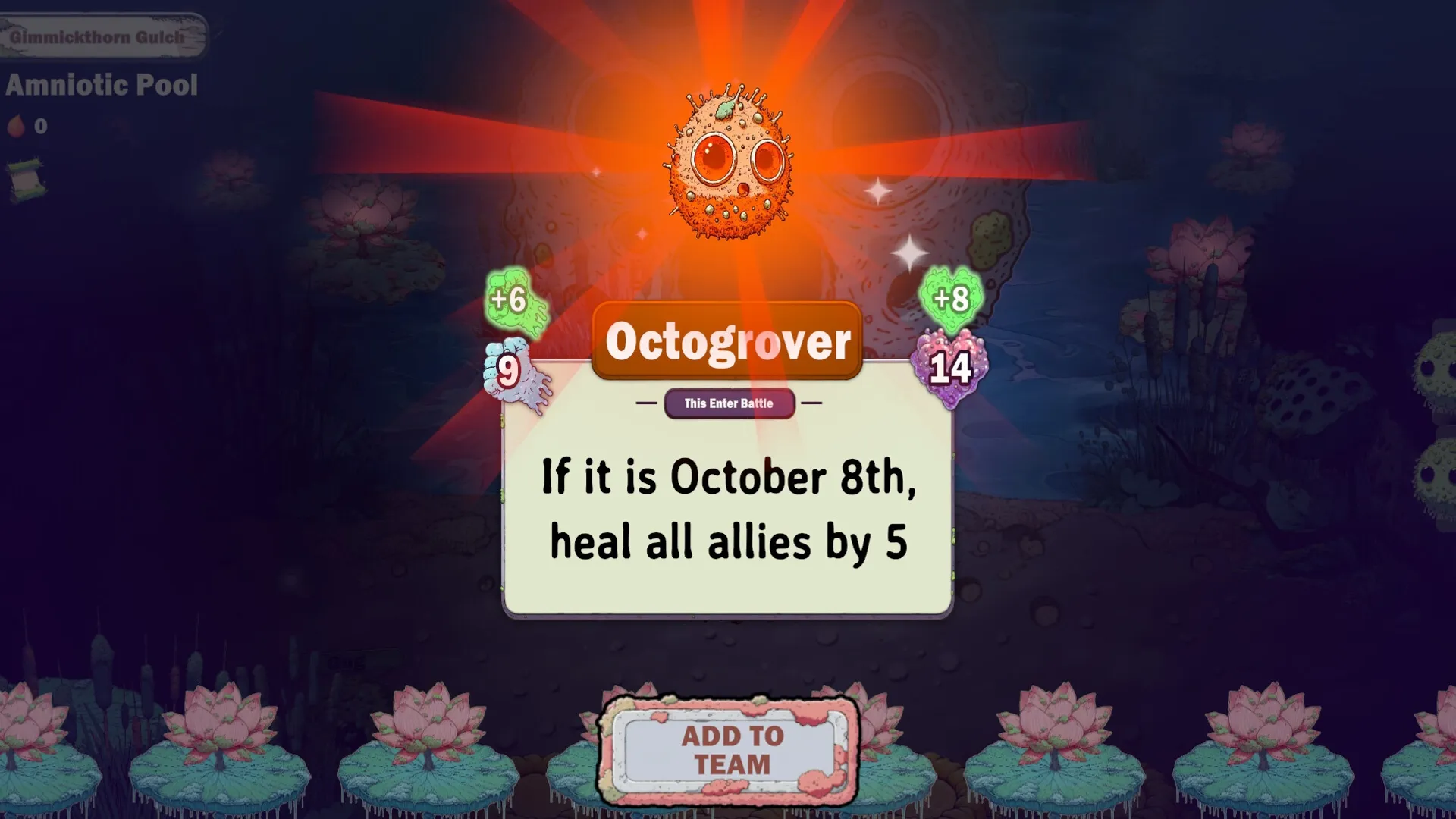 GUG: Octogrover card with healing ability in Amniotic Pool, option to add to team visible