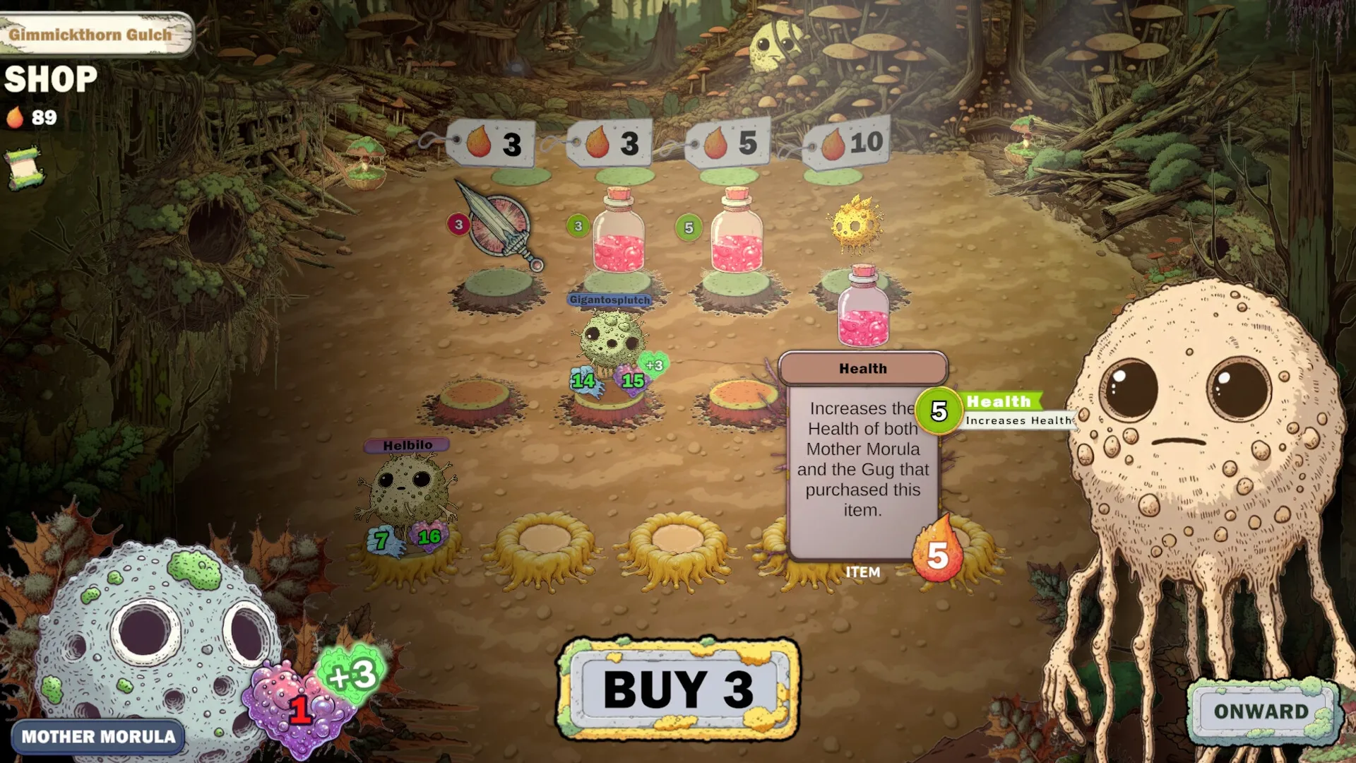 GUG: Creature Helbilo in shop with health items, set in a forest environment with fungi and nests