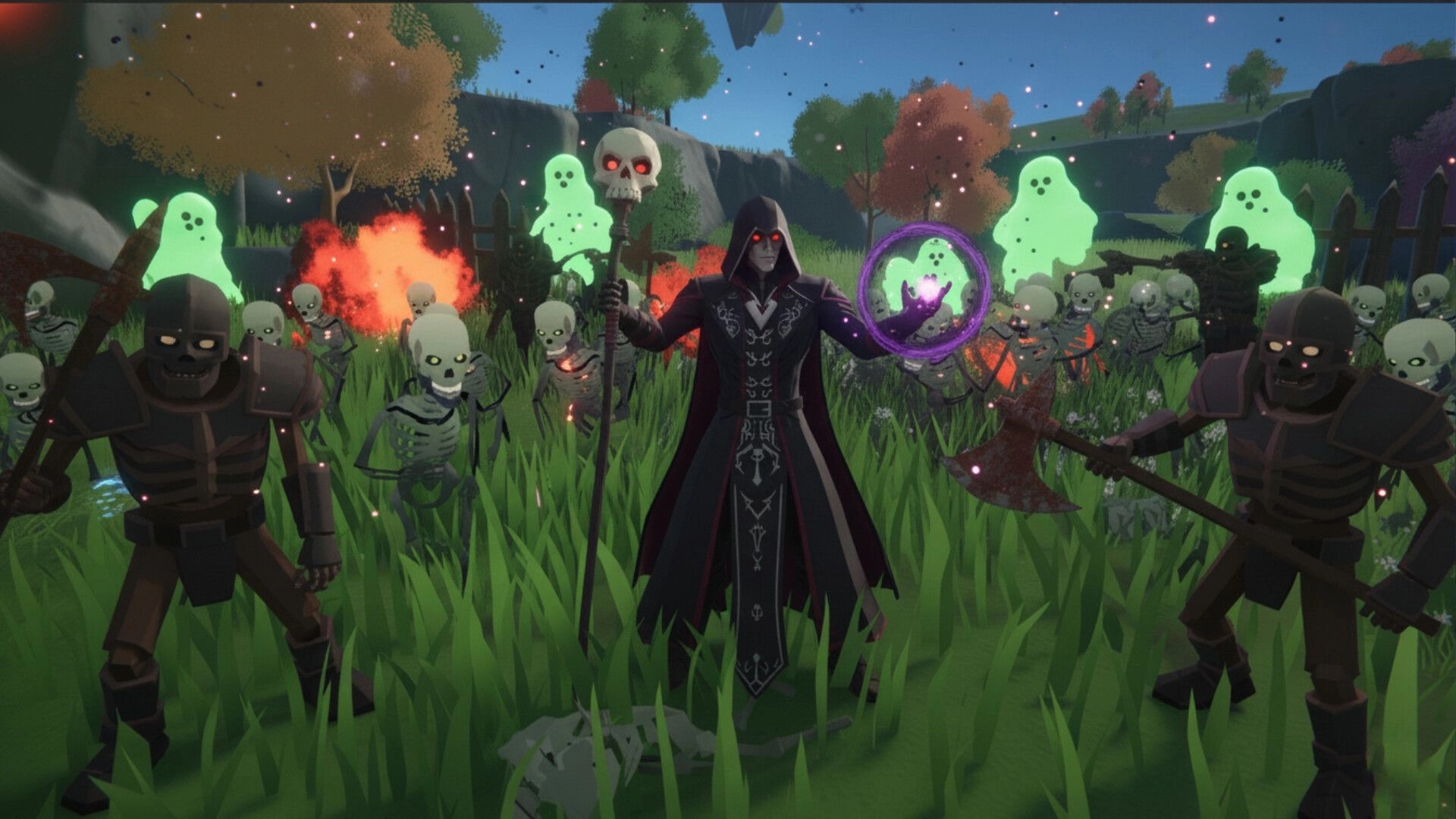 Guild of Slayers: Necromancer leading undead army in lush grassy field with glowing spirits nearby