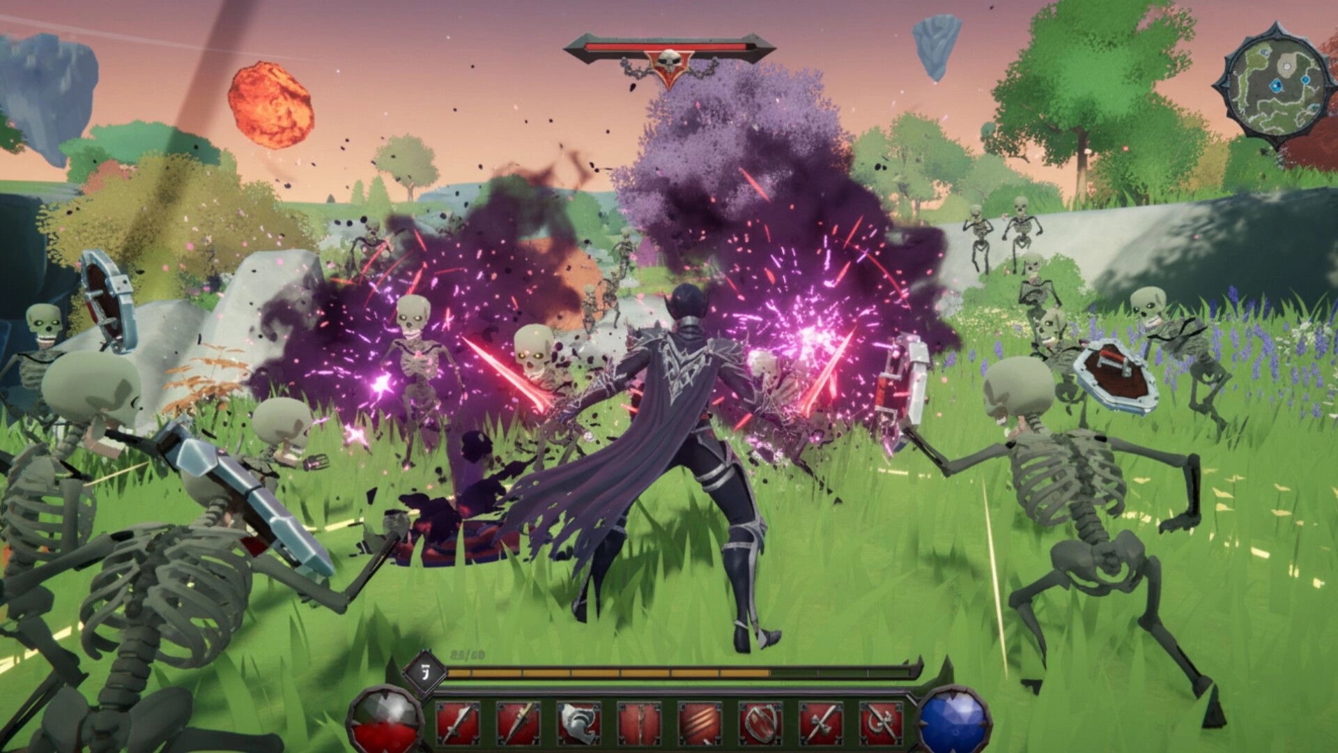 Guild of Slayers: Hero battles skeletons with dual blades amid explosions in lush forest setting