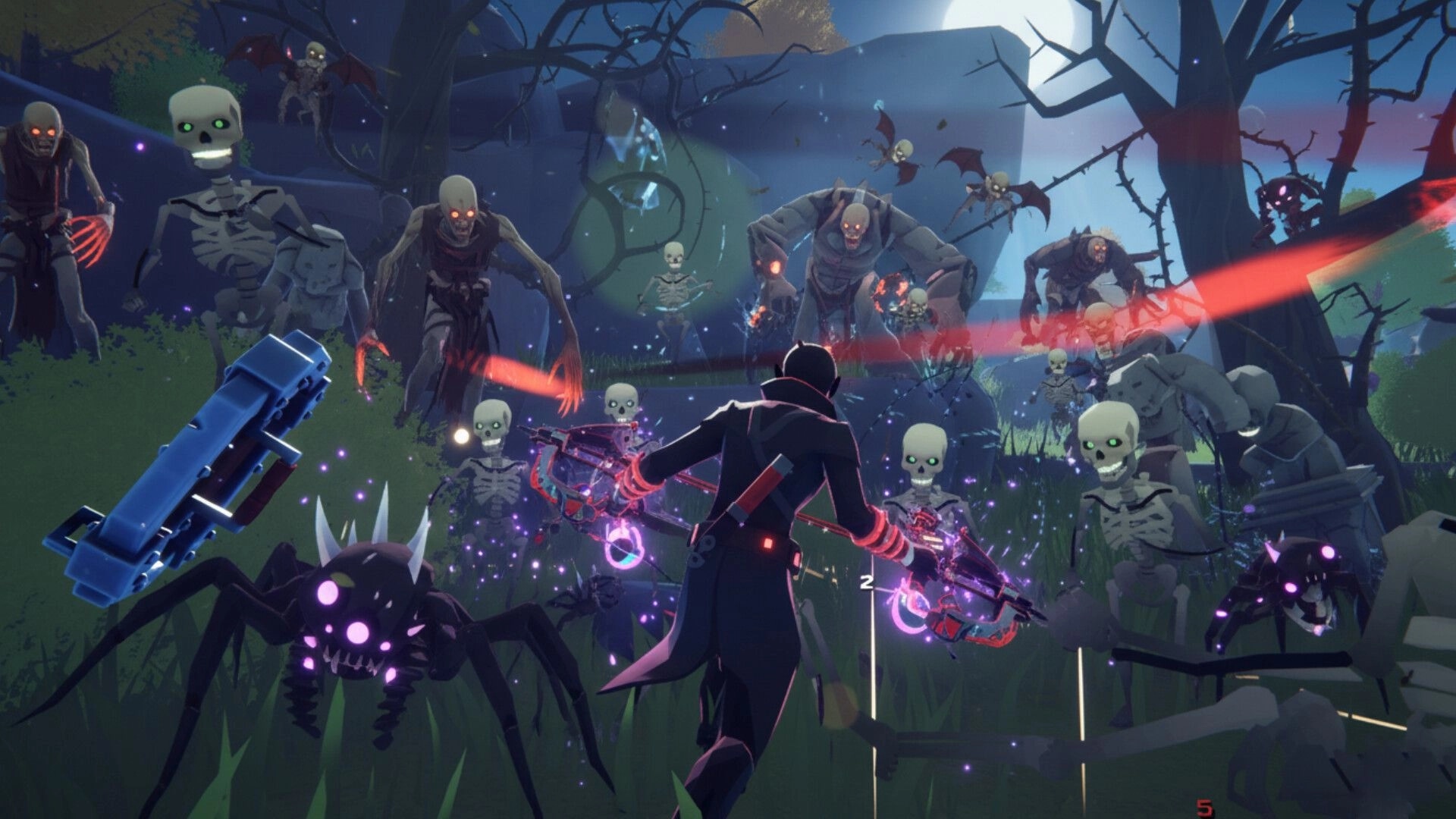 Guild of Slayers: Player battles skeleton hordes in a moonlit forest with glowing weapons and creatures.