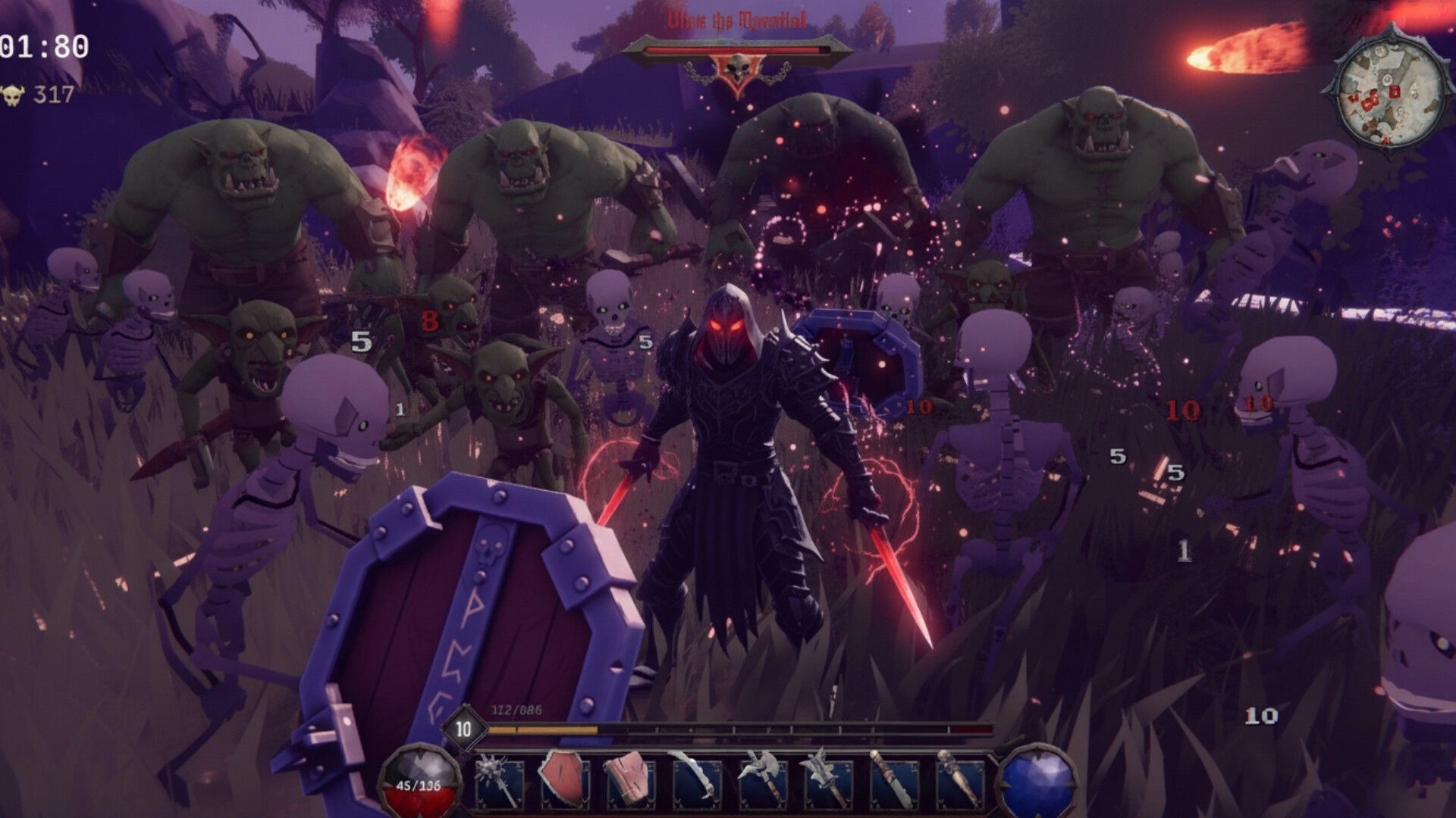 Guild of Slayers: Hero battling orcs and skeletons in dark forest with health and inventory UI visible