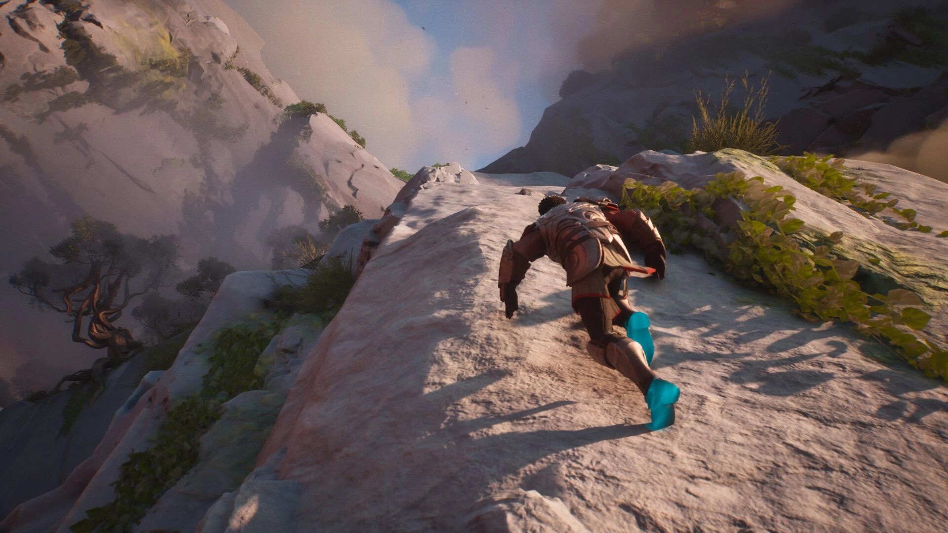 Guild Wars 3™: Armored adventurer climbing a steep rocky ridge above misty cliffs and mountains.