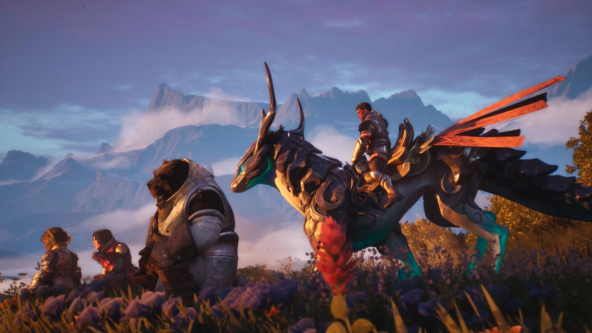 Guild Wars 3™: Armored rider atop a horned mount beside allies on a wildflower mountain overlook.