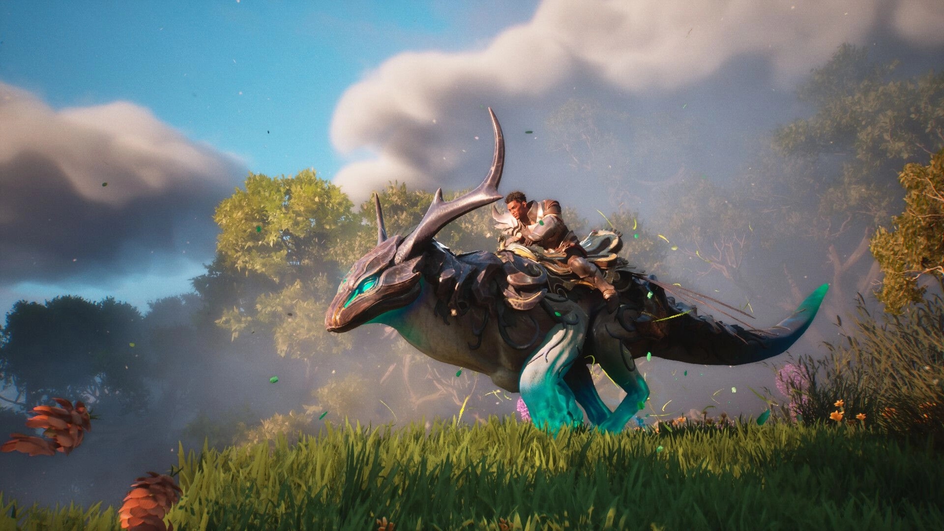 Guild Wars 3™: Armored rider gallops a horned reptile mount through misty grasslands and trees.