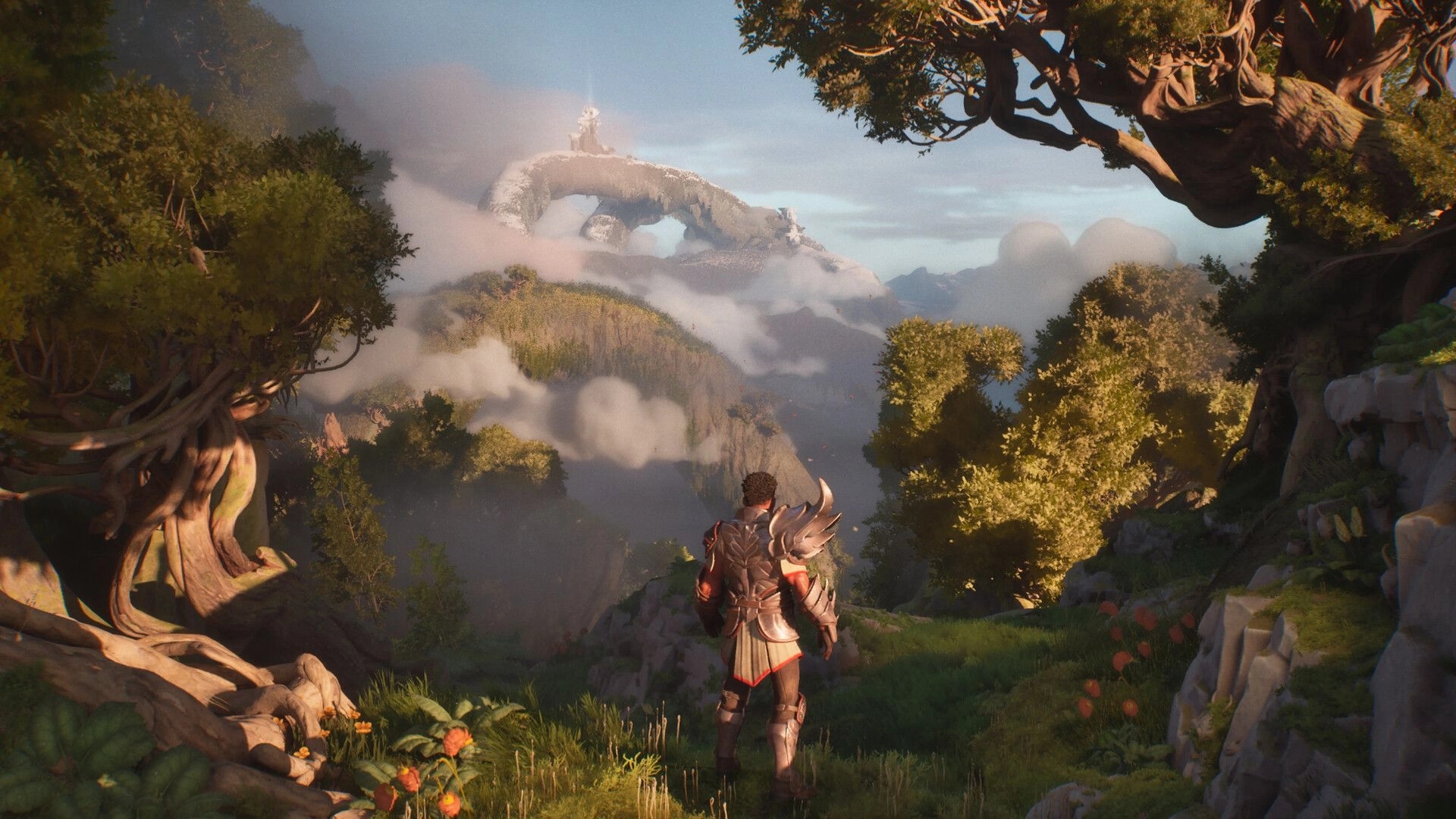 Guild Wars 3™: Armored adventurer overlooks misty valley and distant stone arch amid lush forest cliffs.