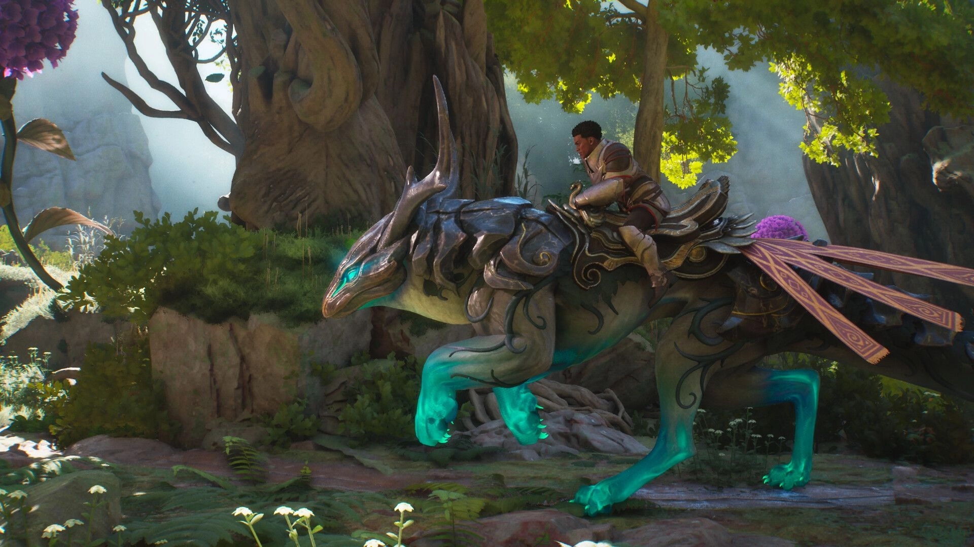 Guild Wars 3™: Armored rider gallops a glowing stag mount through a sunlit forest with giant trees.