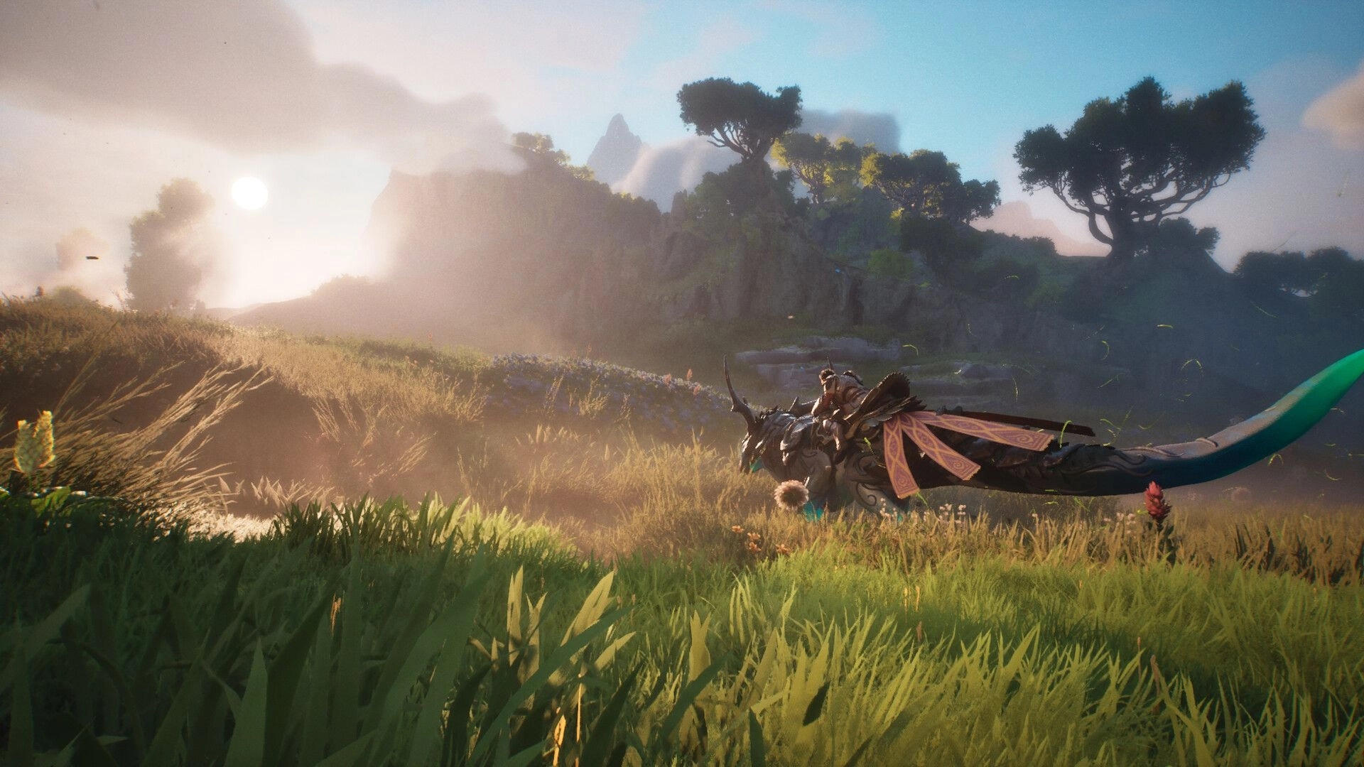 Guild Wars 3™: Rider on a long dragon mount gliding over sunlit grasslands by misty cliffs.
