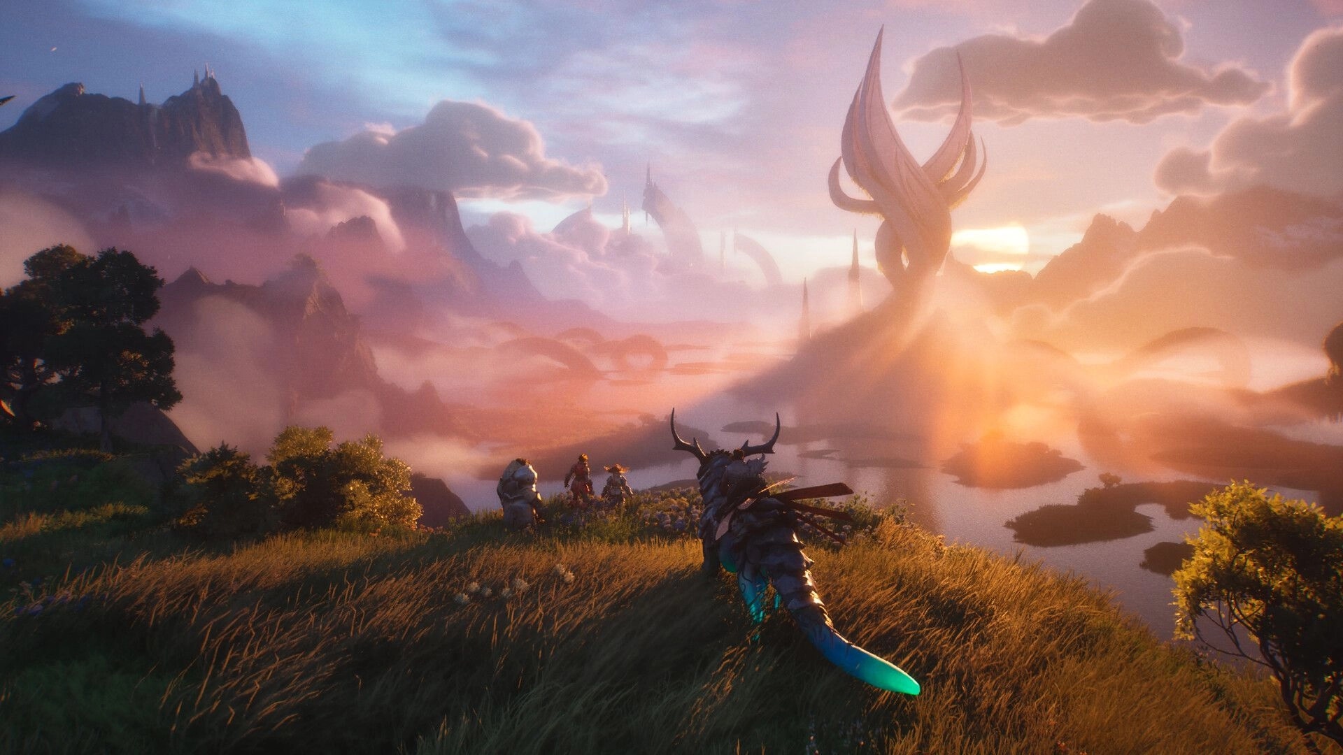 Guild Wars 3™: Party of adventurers on a grassy cliff overlooking misty lakes and spires at sunrise.