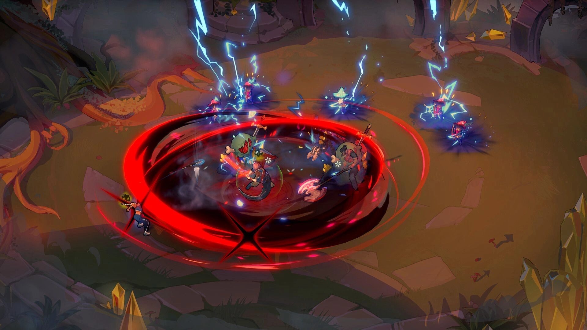 Guildrun: Heroes unleash a red spinning AOE strike amid lightning blasts in a rocky forest arena.