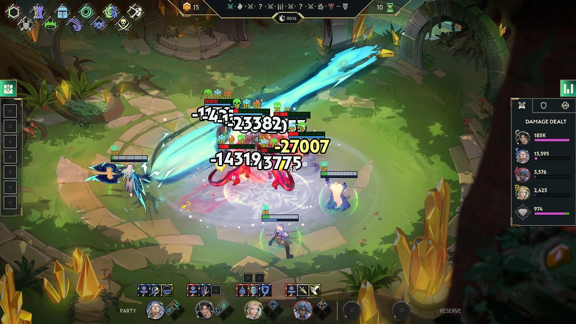 Guildrun: Party unleashes sweeping blade wave on red monster, damage numbers over forest arena UI.