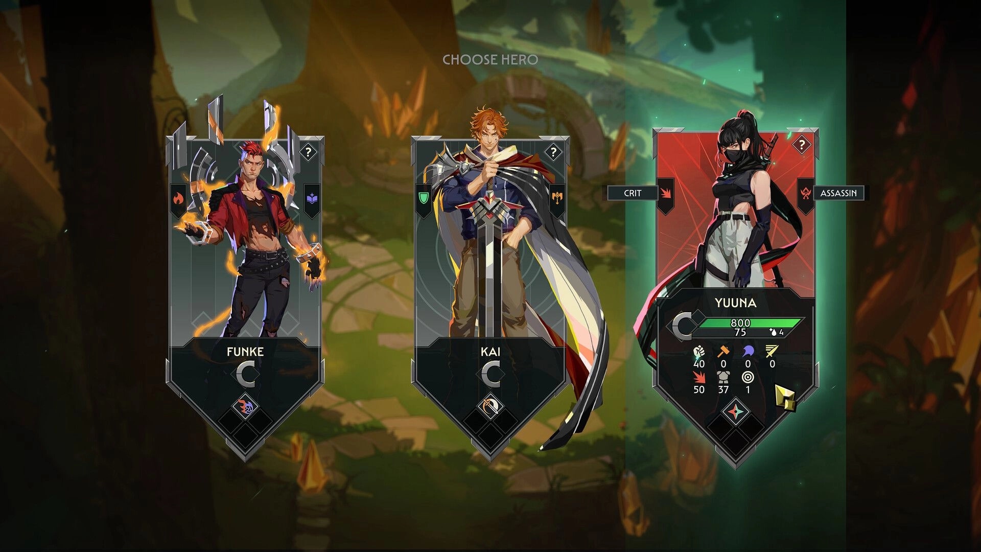 Guildrun: Choose Hero screen with Funke, Kai, and Yuuna cards over a forest path backdrop.