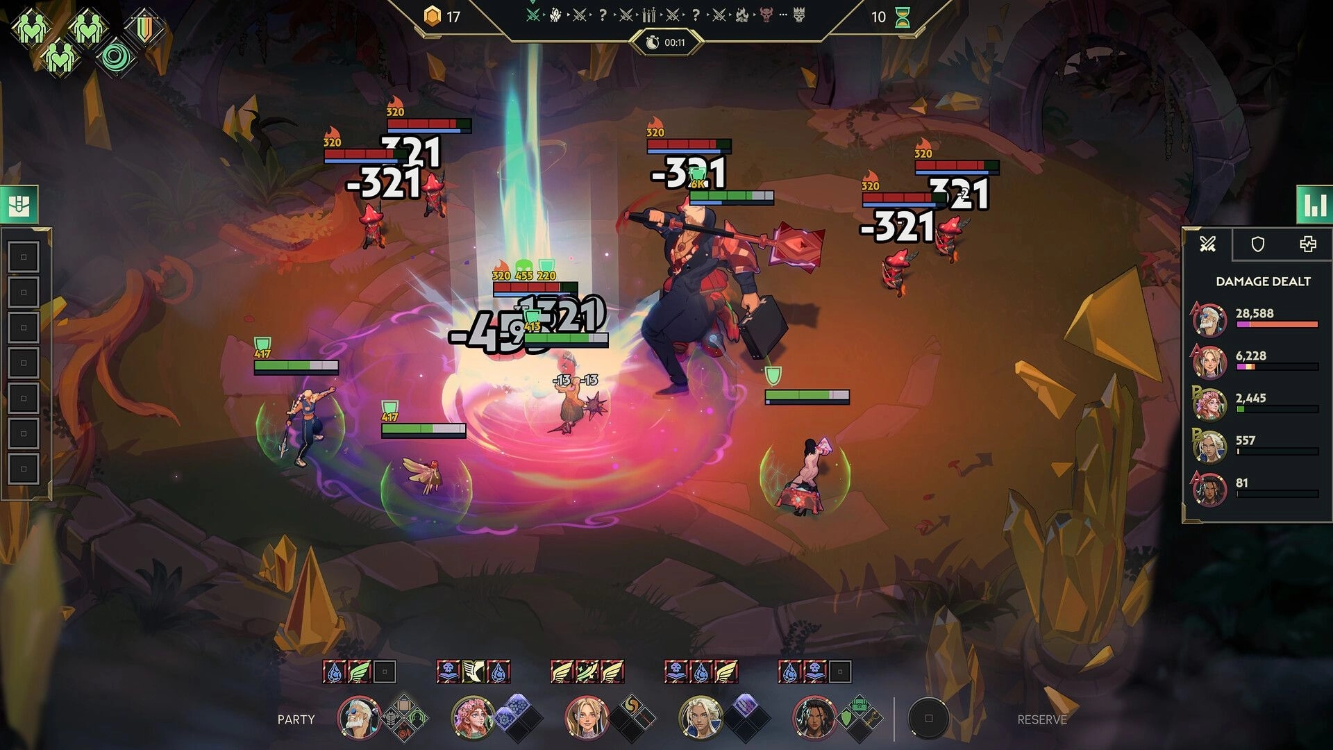 Guildrun: Party fights red imps as damage numbers pop in a rocky cavern arena with stats UI panel.