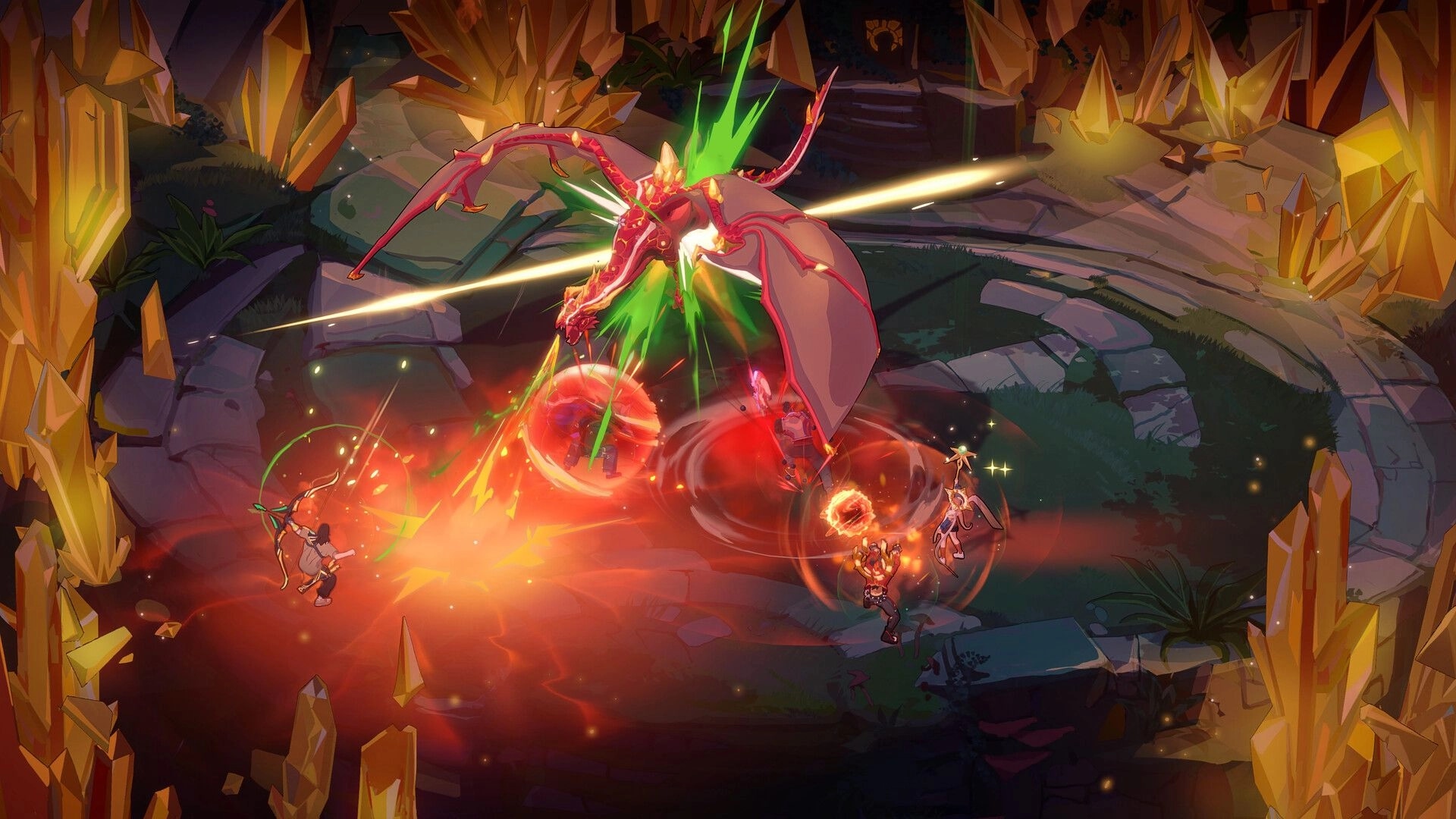 Guildrun: Party battles a red dragon boss with spell effects in a glowing crystal cavern arena.