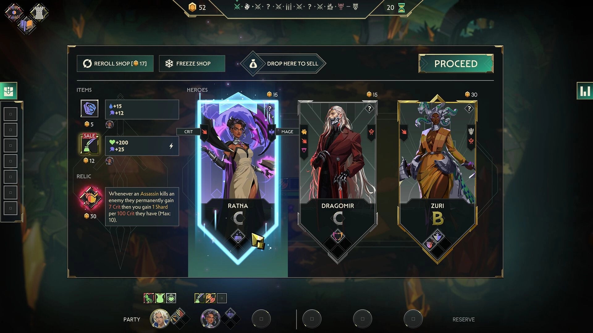 Guildrun: Shop screen buying heroes Ratna, Dragomir, Zuri with items, relic text, Proceed button.