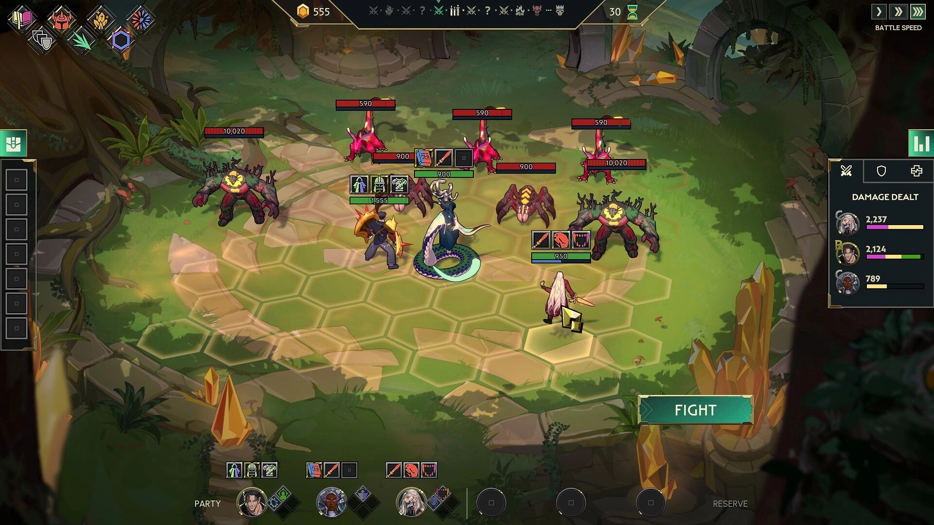 Guildrun: Party lined on hex grid facing monsters, Fight button and damage panel in forest ruins.