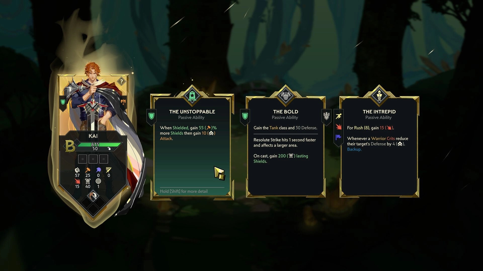 Guildrun: Kai hero upgrade screen with three passive ability cards over a dark forest backdrop.