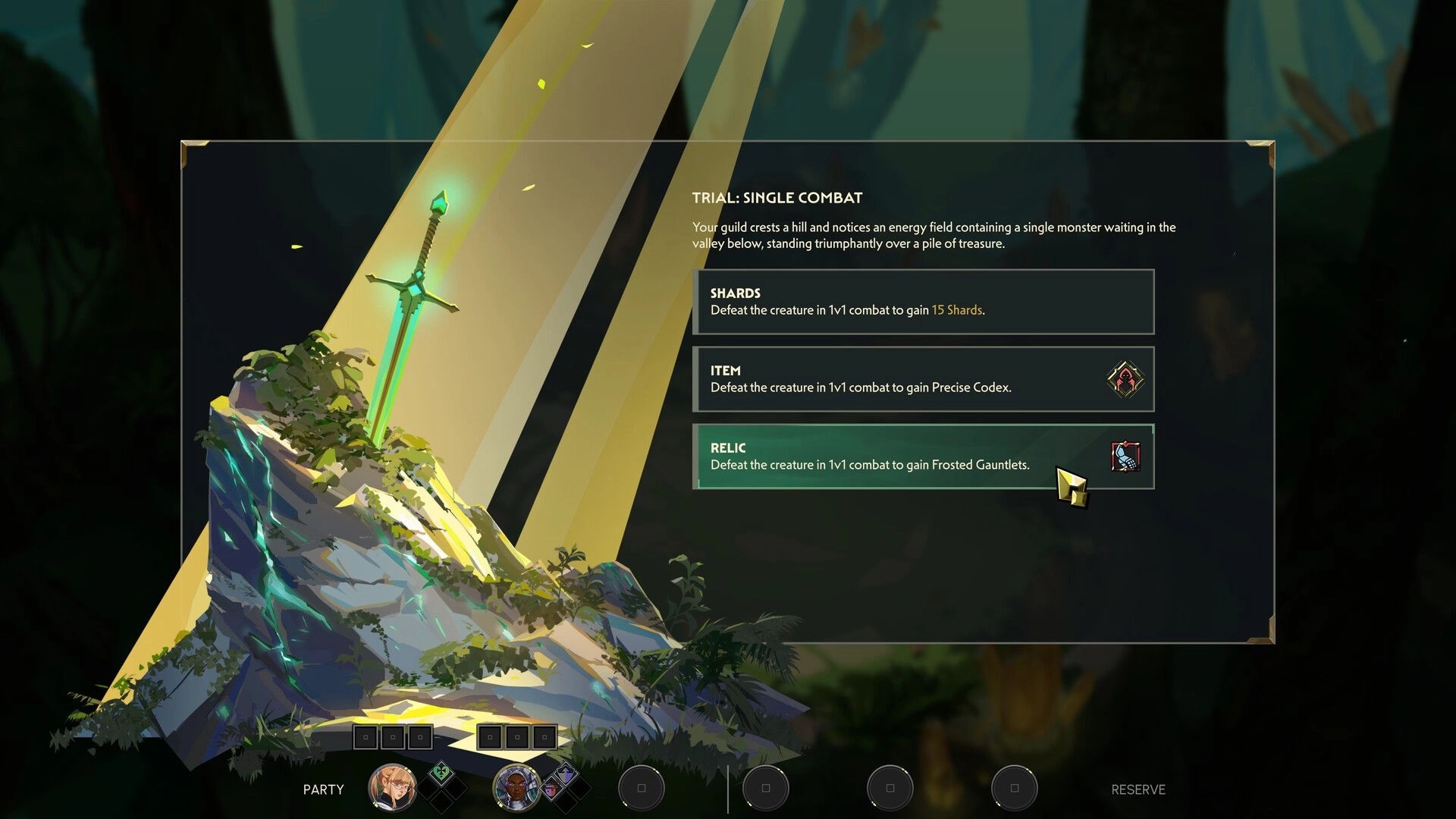 Guildrun: Trial single combat reward selection menu over a forest cliff with glowing sword and party UI.