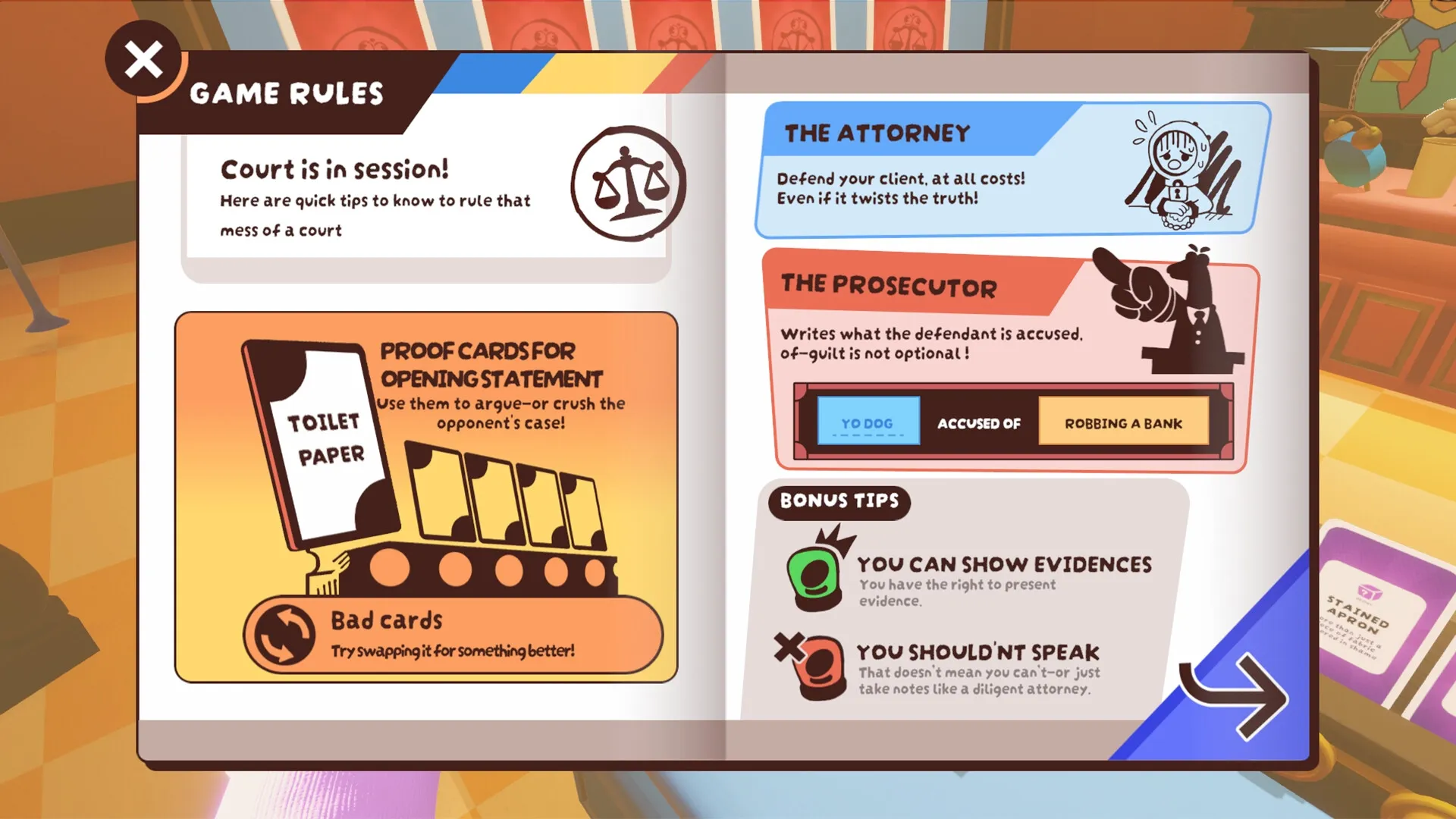 Guilty as Sock!: Court rules screen with tips for attorneys and prosecutors in a vibrant courtroom setting.