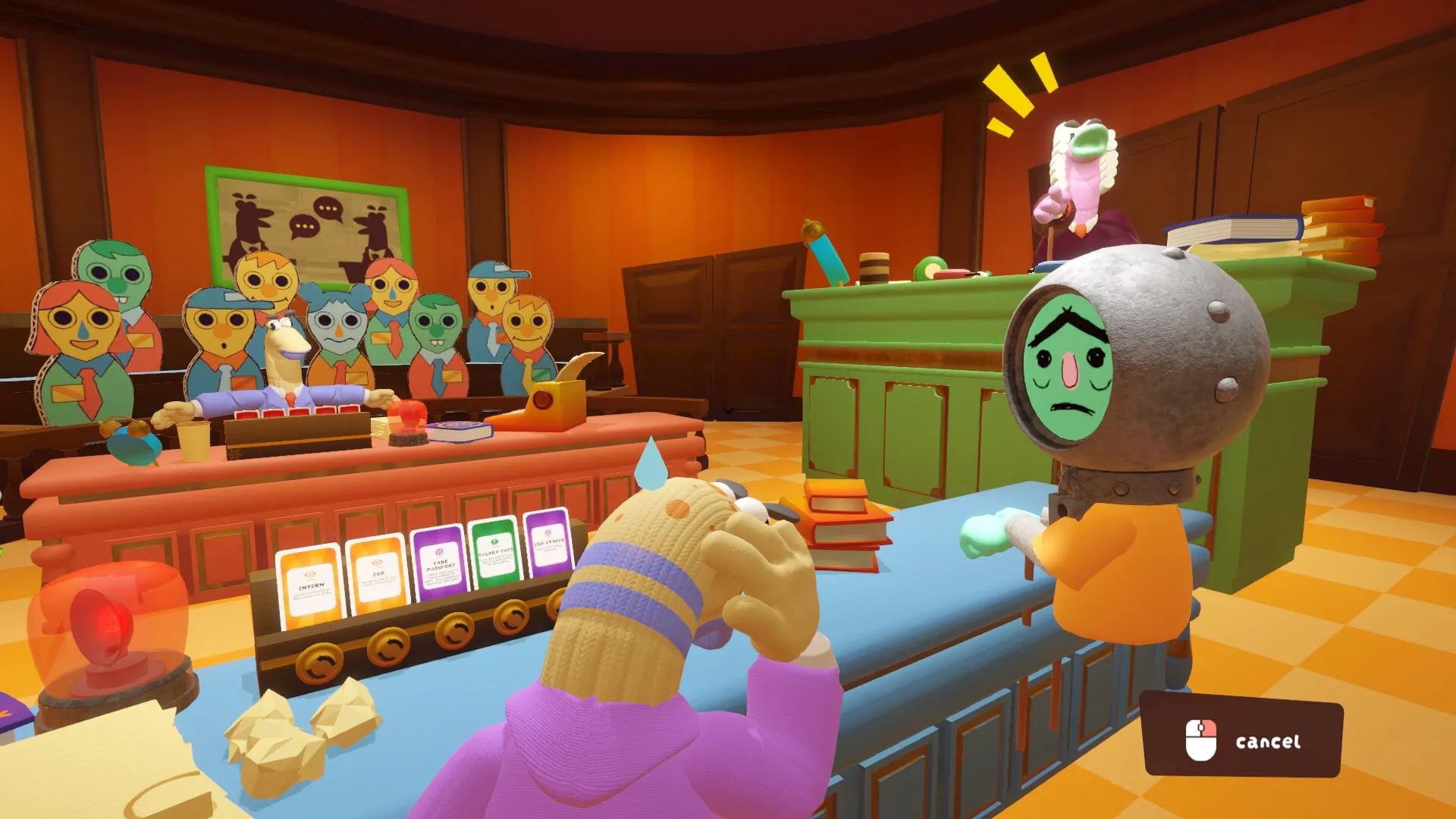 Guilty as Sock!: Sock judge with gavel overlooks nervous sock lawyer and jury in colorful courtroom