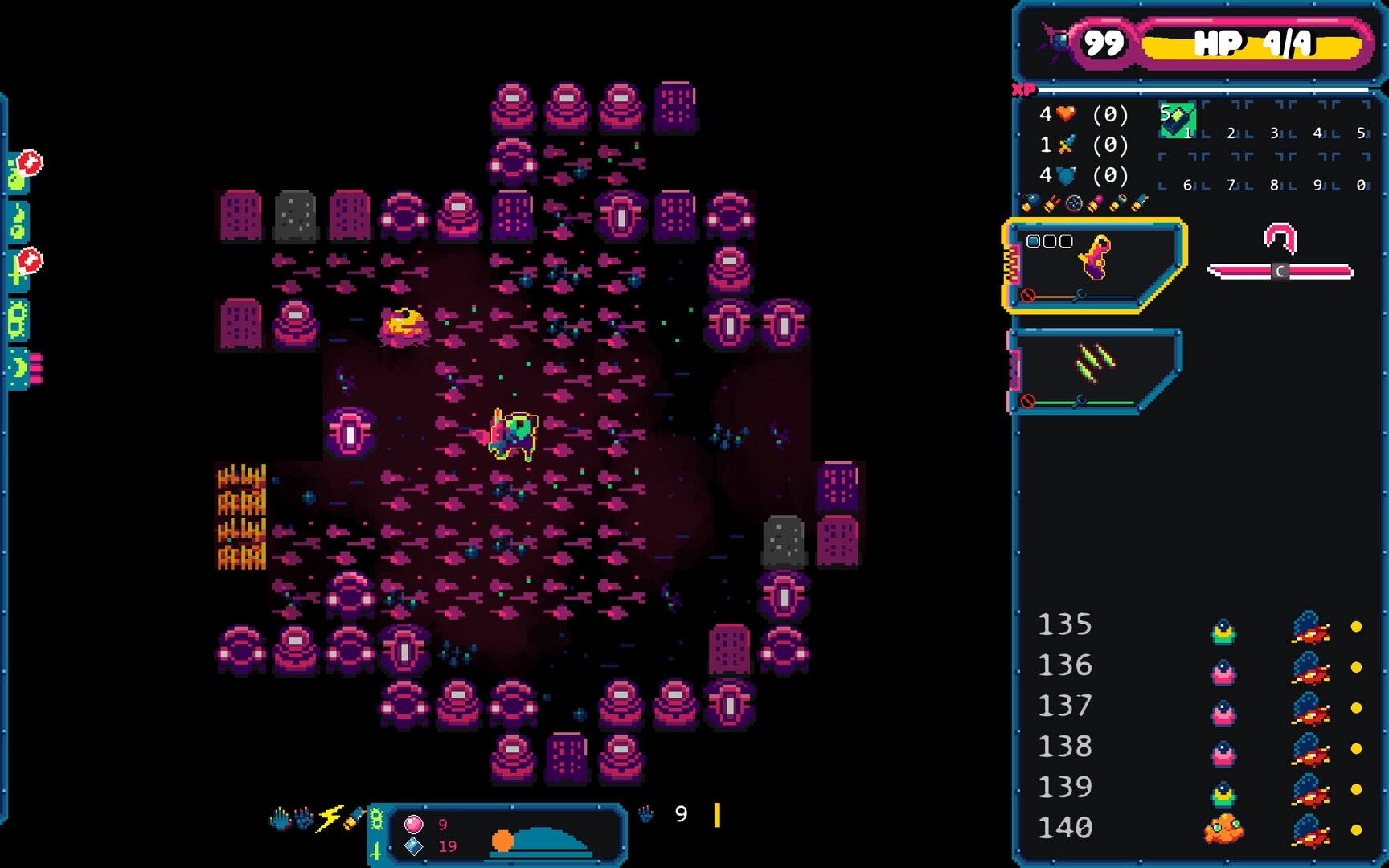 Gum Flesh: Player character in a colorful arena with enemies and stats display on a celestial monster's back