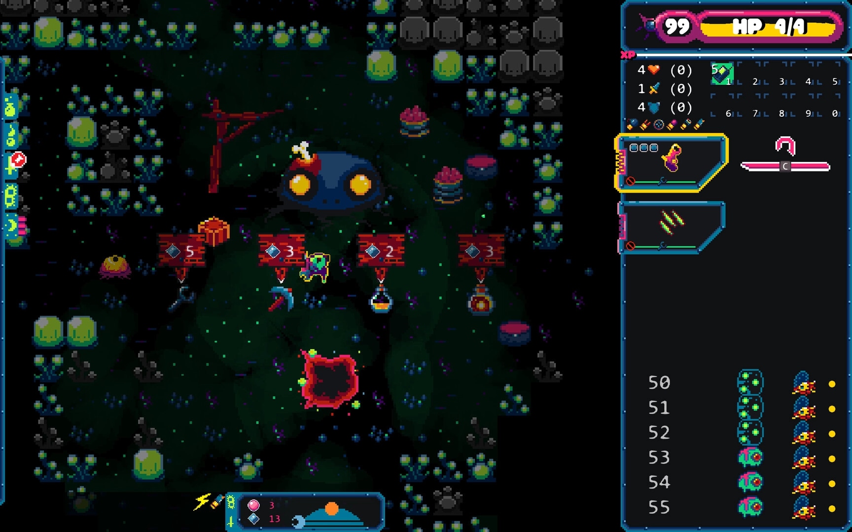 Gum Flesh: Player navigating alien terrain with a health bar and inventory menu on the screen's right side.