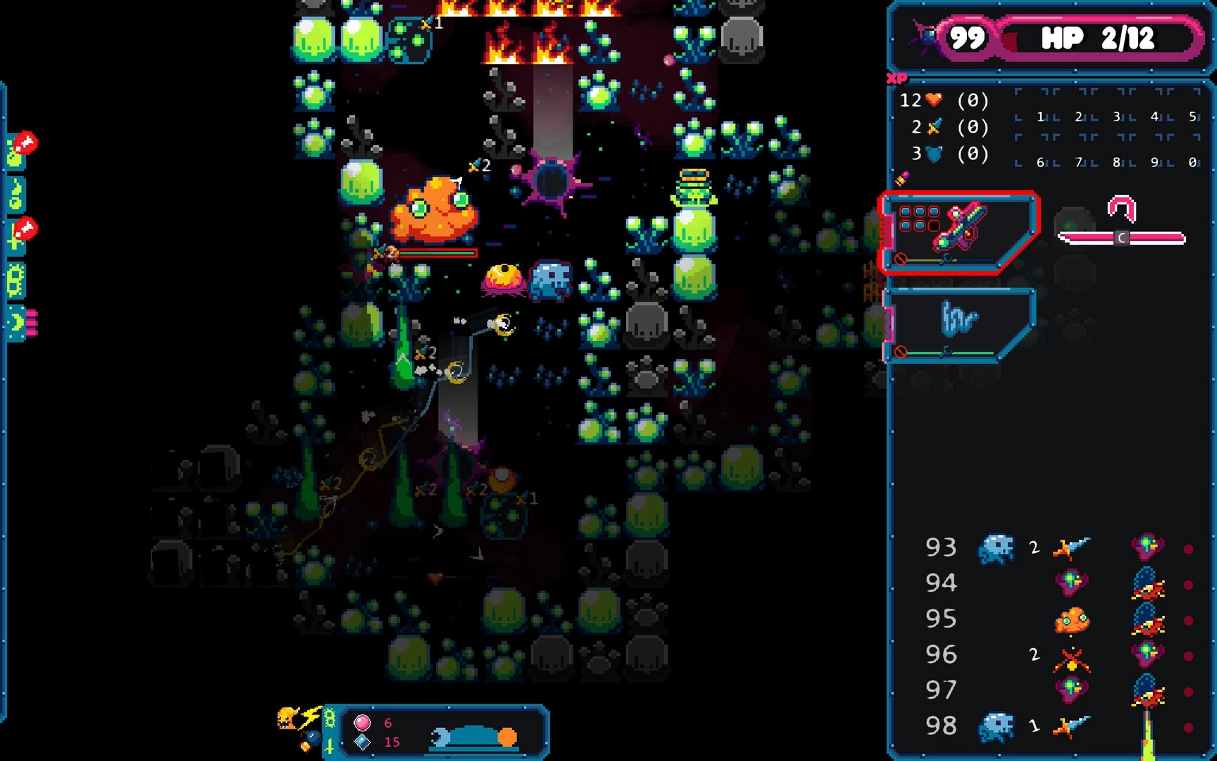 Gum Flesh: Player battles creatures surrounded by luminescent plants; health bar and stats on screen