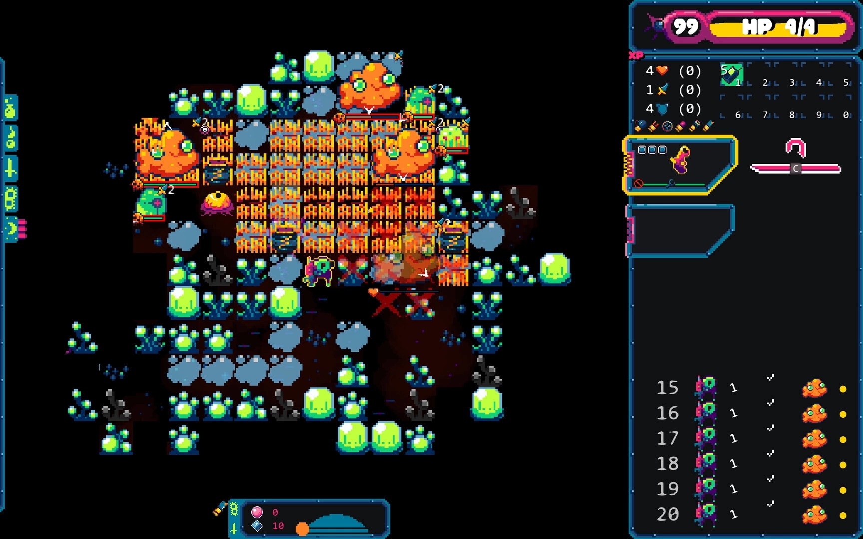 Gum Flesh: Player facing orange creatures in a grid environment, health and stats displayed on the right.