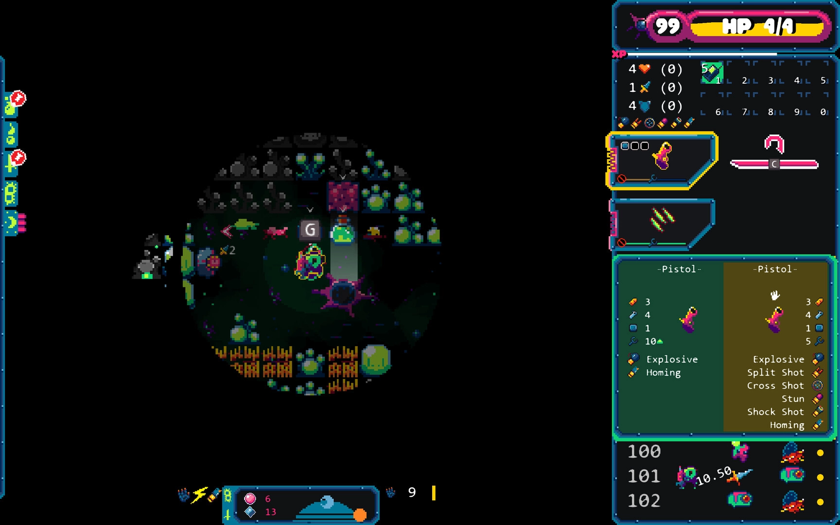 Gum Flesh: Player explores dark alien landscape with pistol equipped, surrounded by strange creatures.