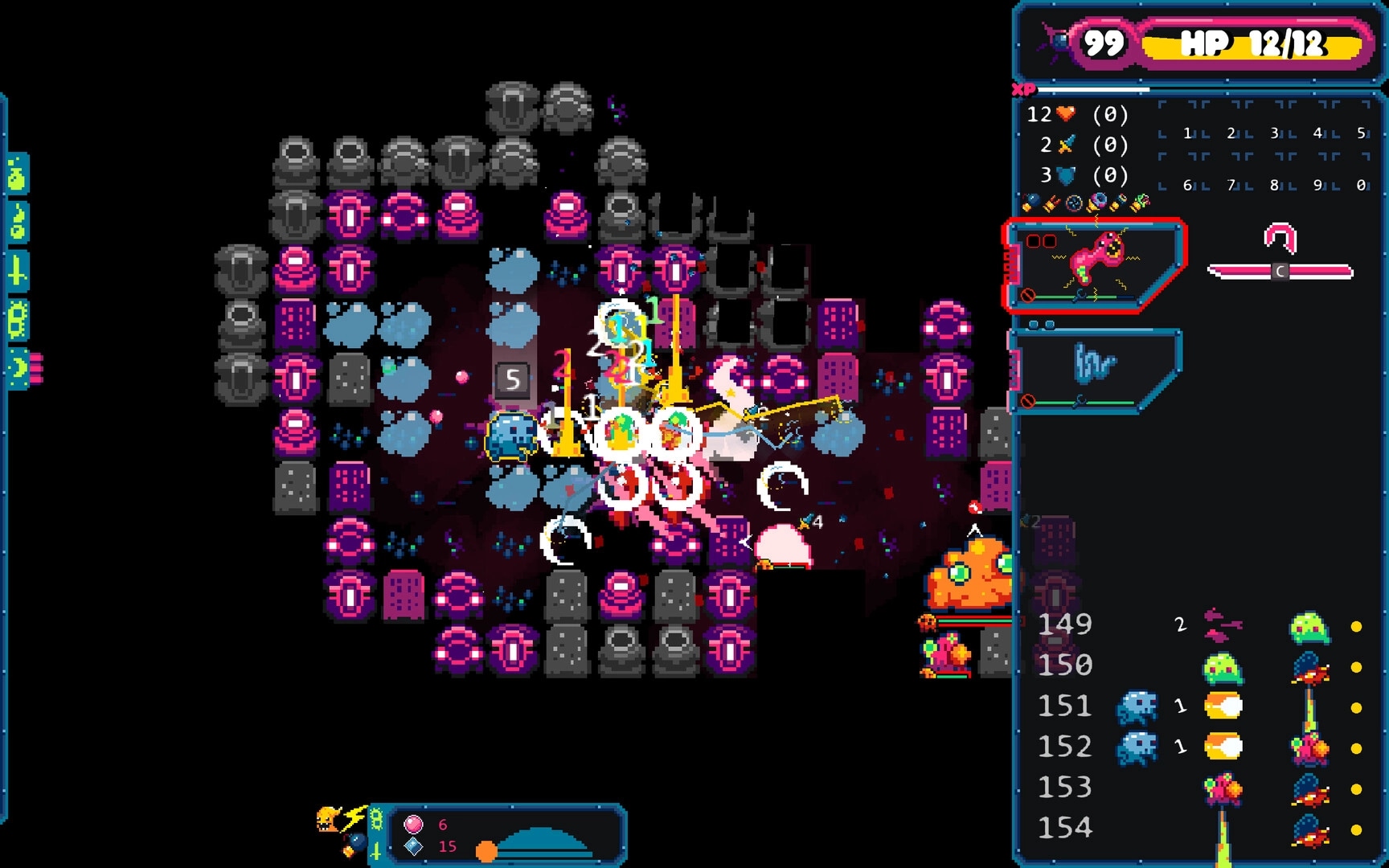 Gum Flesh: Combat with colorful creatures on grid layout surrounded by health and inventory displays.