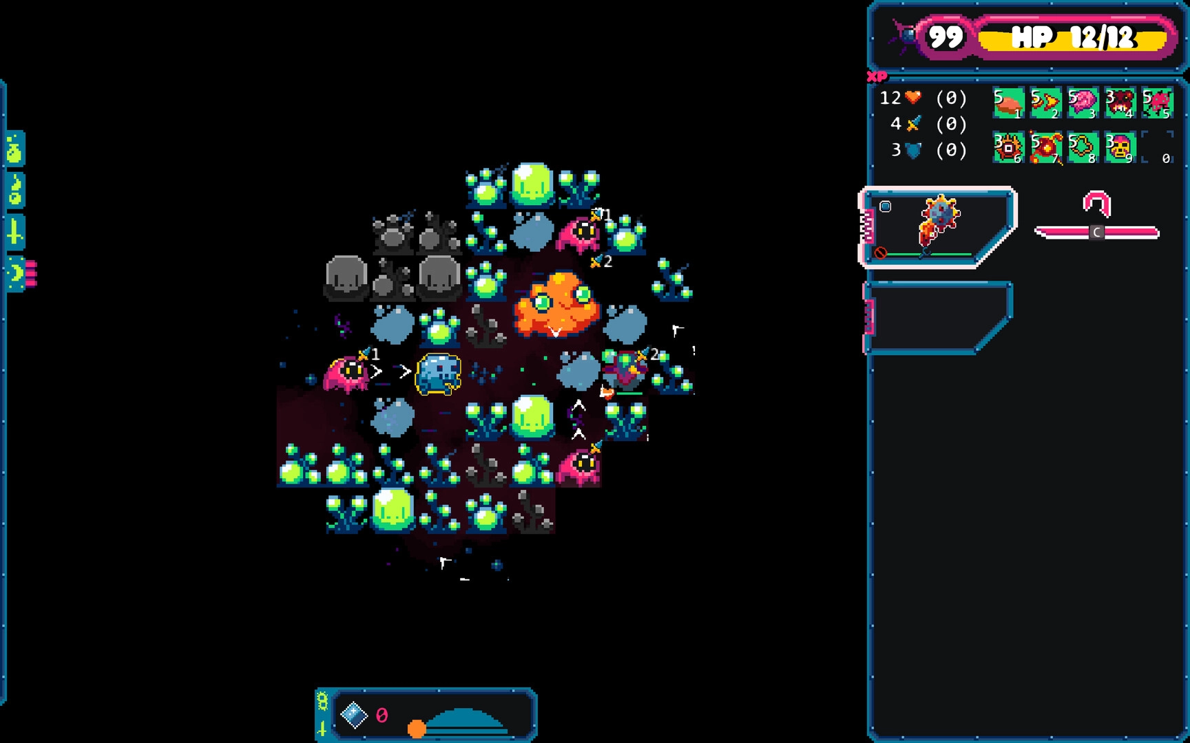 Gum Flesh: Player navigating colorful alien terrain with UI showing health, inventory, and stats menu