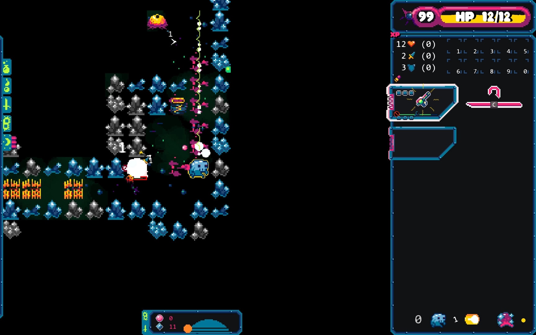 Gum Flesh: Player navigates crystal cave with alien creatures and health stats displayed on the right.