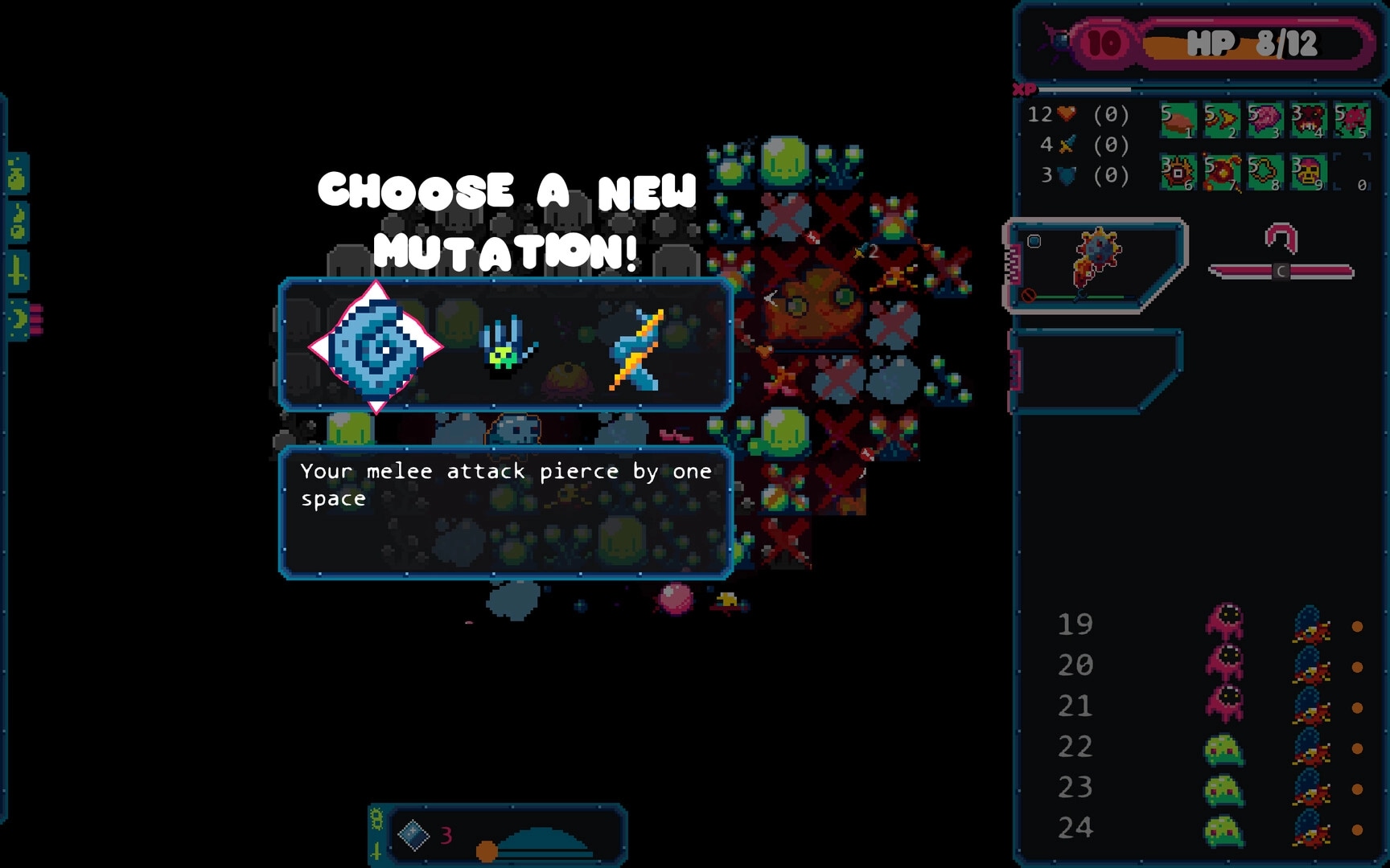 Gum Flesh: Mutation selection screen with options displayed over a grid map and player stats panel