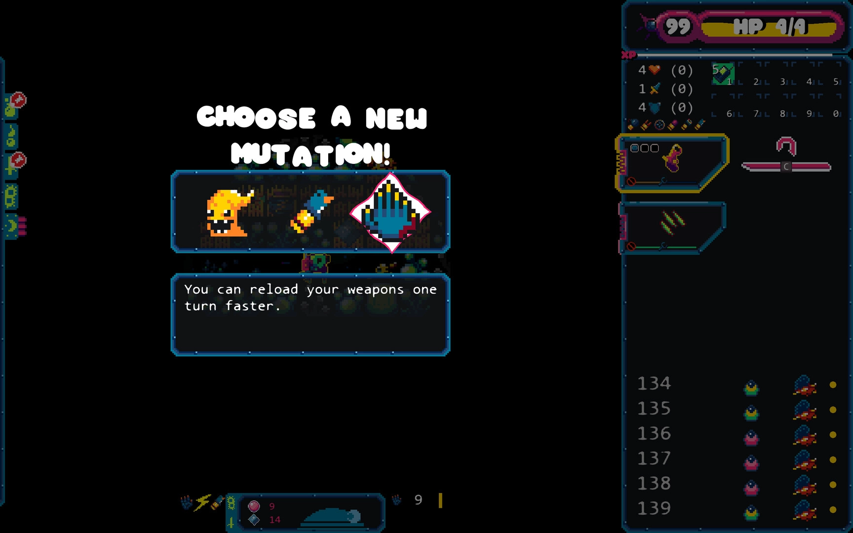 Gum Flesh: Mutation selection screen with options, player stats, and inventory on celestial monster's back.