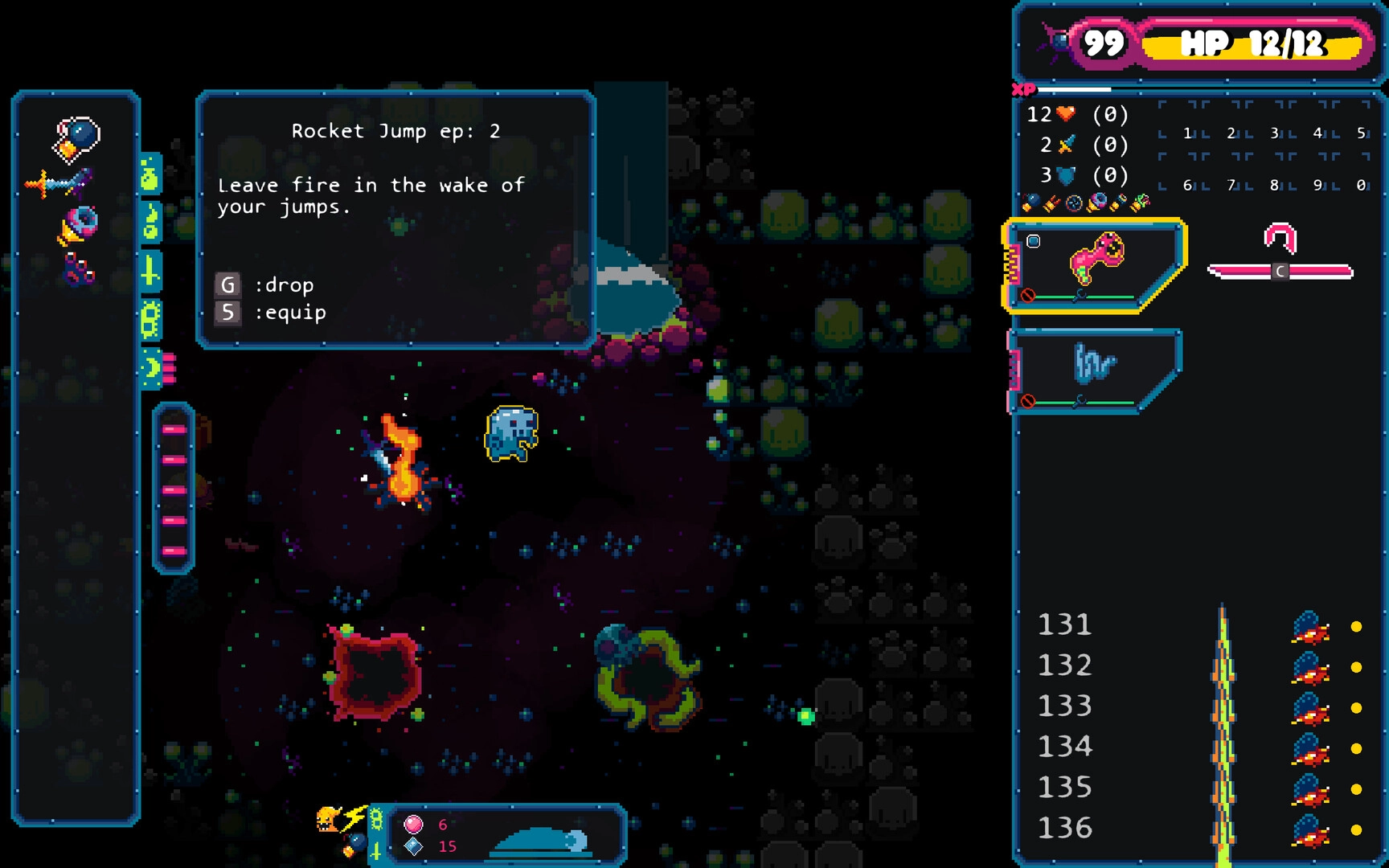 Gum Flesh: Player equipped with Rocket Jump skill battling fiery enemy on a celestial monster's surface.