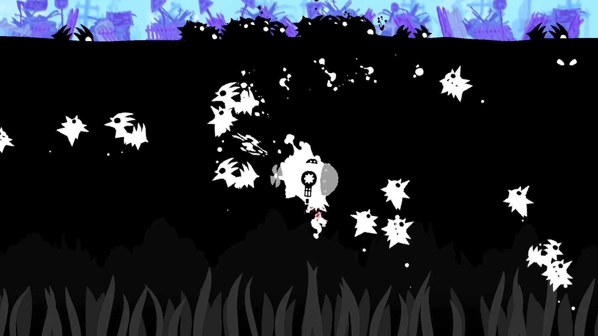Gunboat God: Silhouette gunboat battles white sea creatures in dark waters with blue sky background