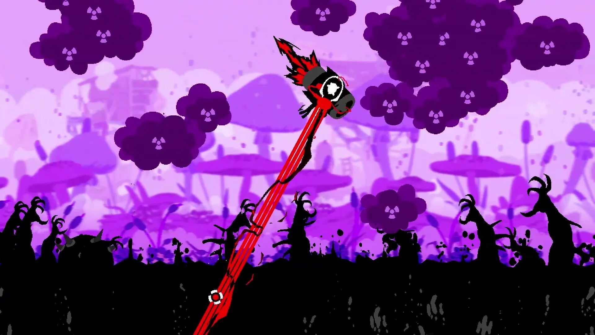 Gunboat God: Flaming cannonball soars through purple clouded landscape with silhouetted monstrous plants