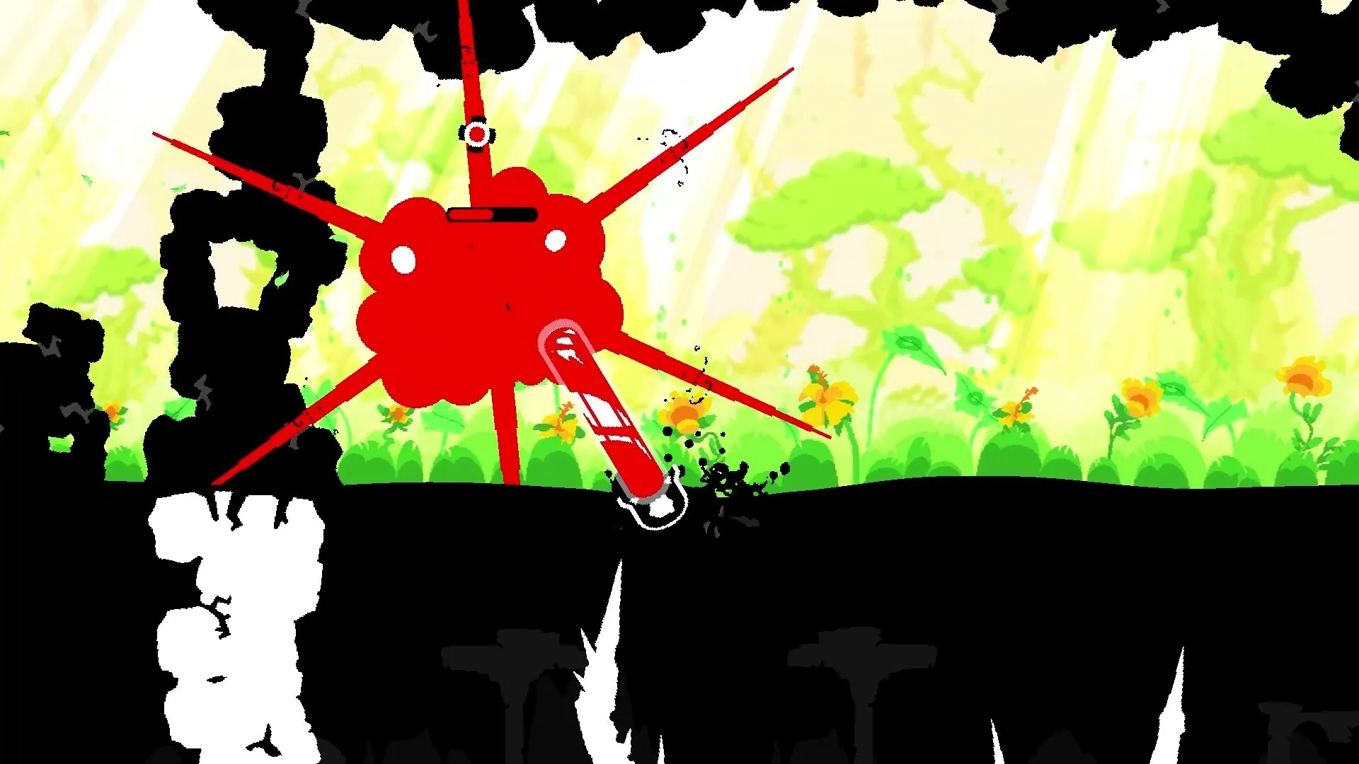 Gunboat God: Red creature with spikes and health bar in bright forest environment.