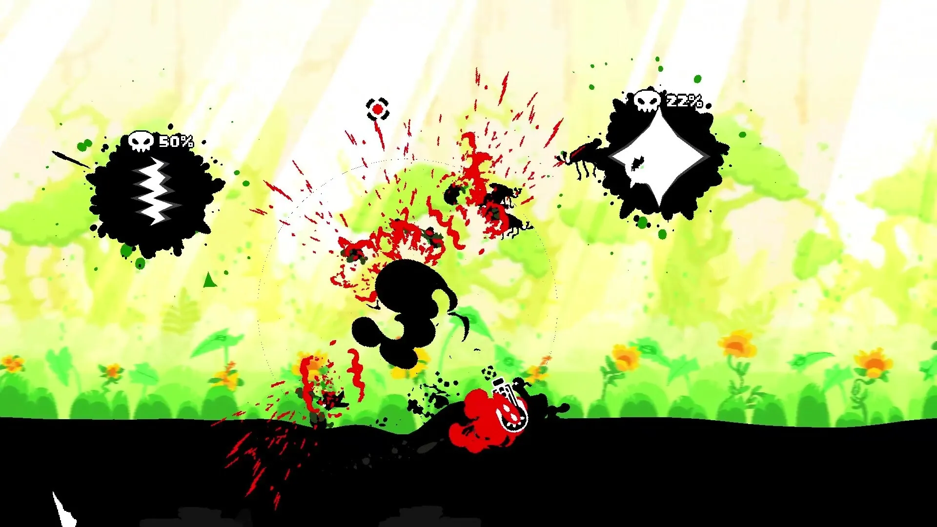 Gunboat God: Intense battle with dark silhouettes and colorful explosions in a vibrant forest setting
