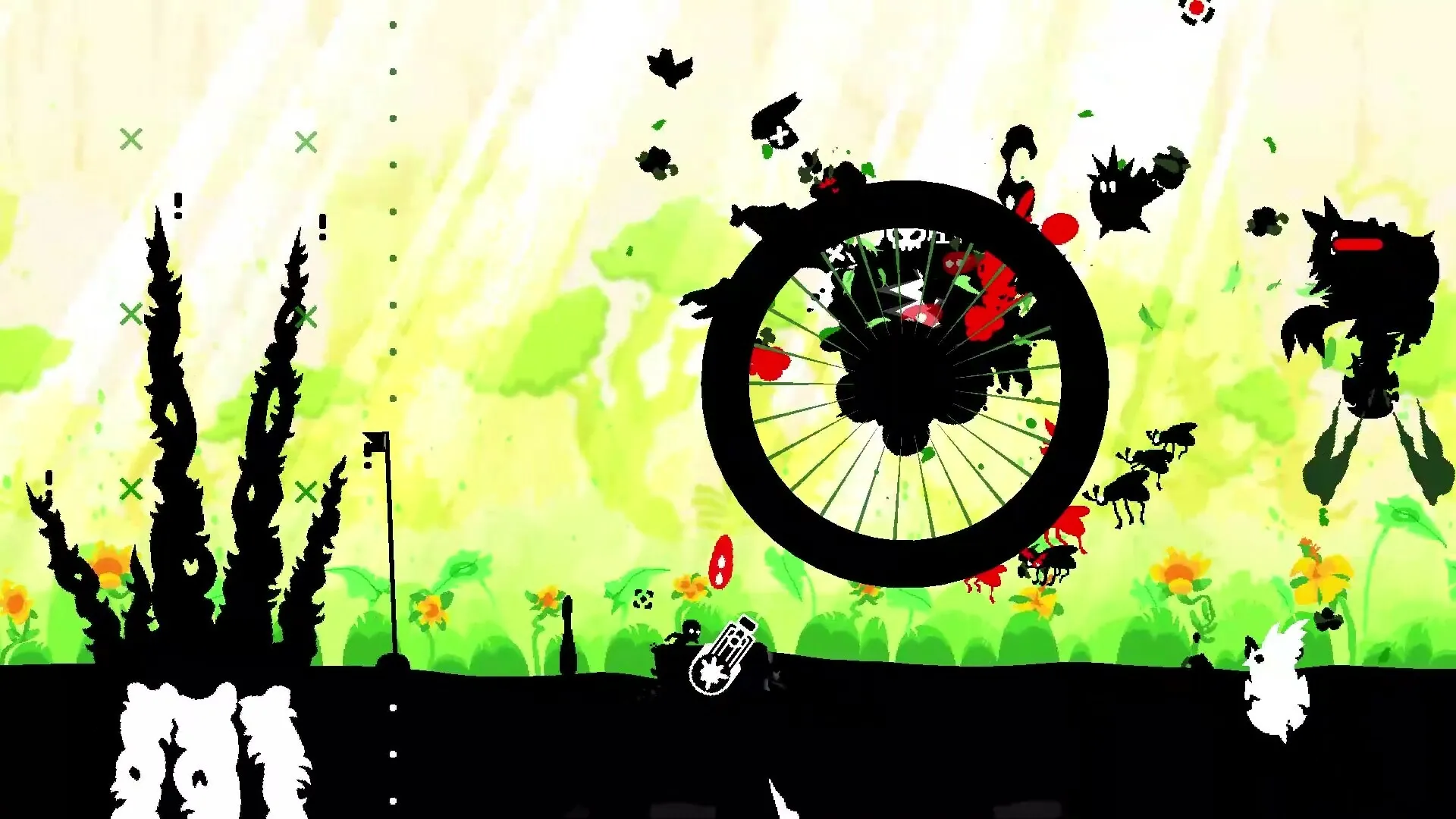 Gunboat God: Black silhouette creatures and large wheel in bright green and yellow jungle environment