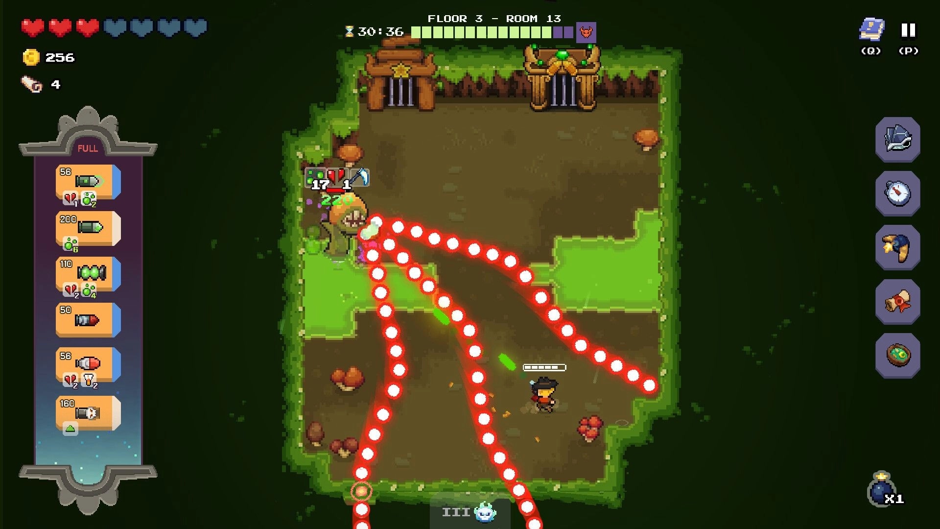 Guncrypt: Player dodges red bullet arcs in Floor 3 Room 13, with ammo list and hearts UI.