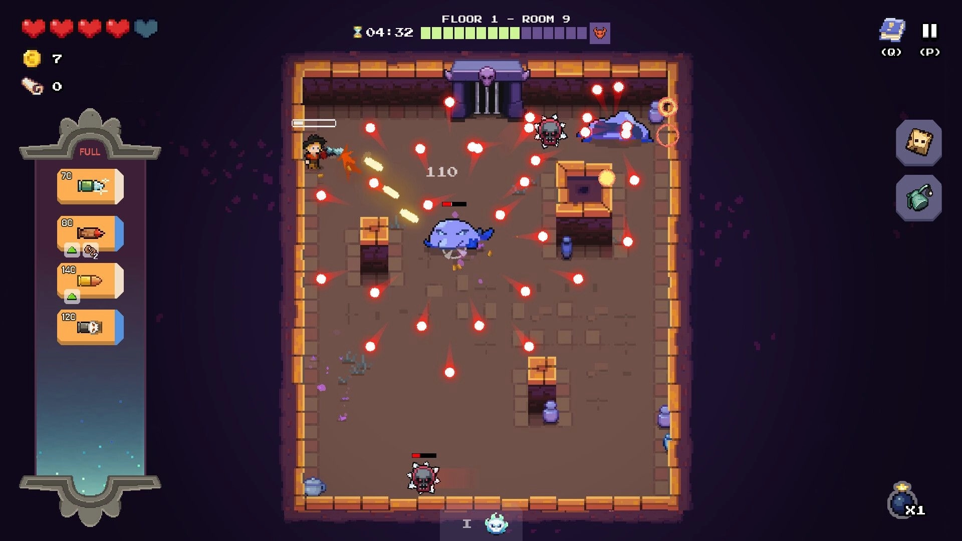 Guncrypt: Top-down firefight dodging red bullet patterns in crypt room with ammo list UI open.