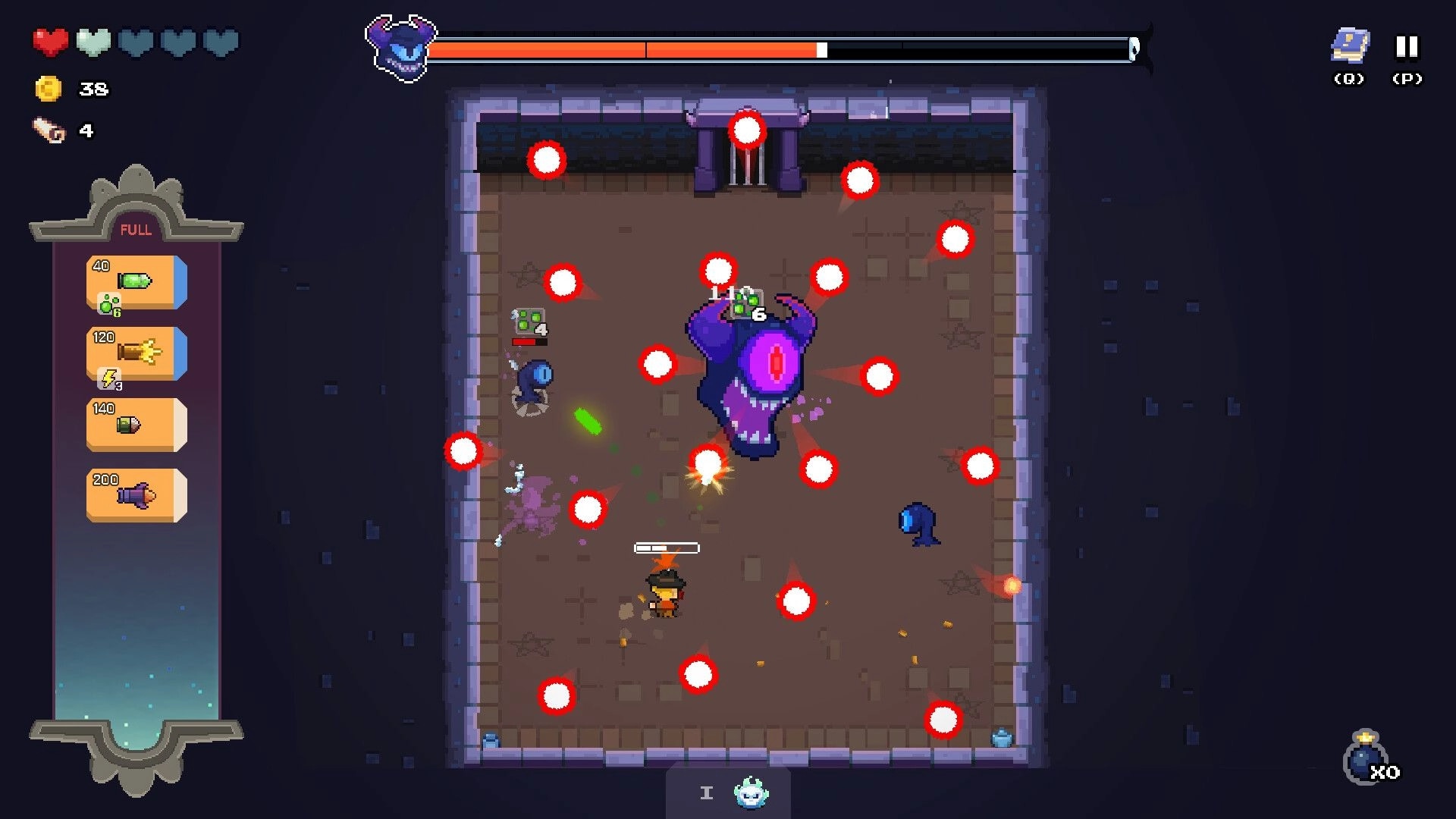 Guncrypt: Boss fight dodging red orb bullets in a crypt room, shop panel and health UI visible.